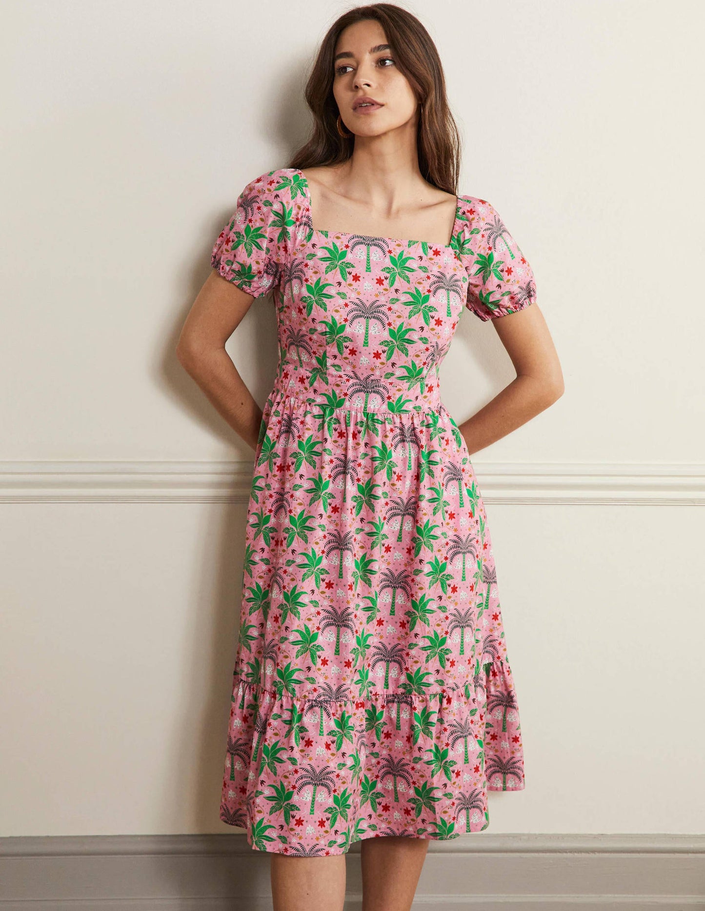 Stufenkleid mit eckigem Ausschnitt-Blümchenrosa, Orientalisches Palmenmuster