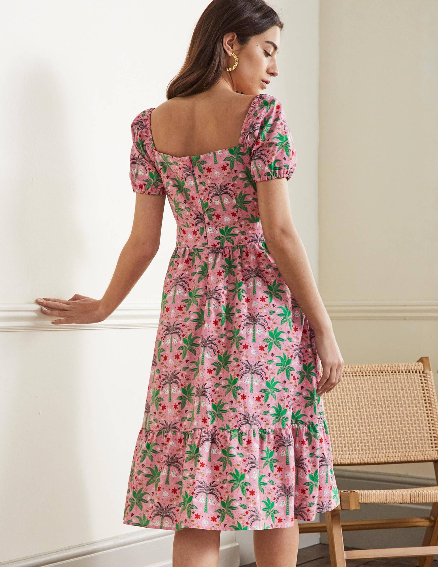 Stufenkleid mit eckigem Ausschnitt-Blümchenrosa, Orientalisches Palmenmuster