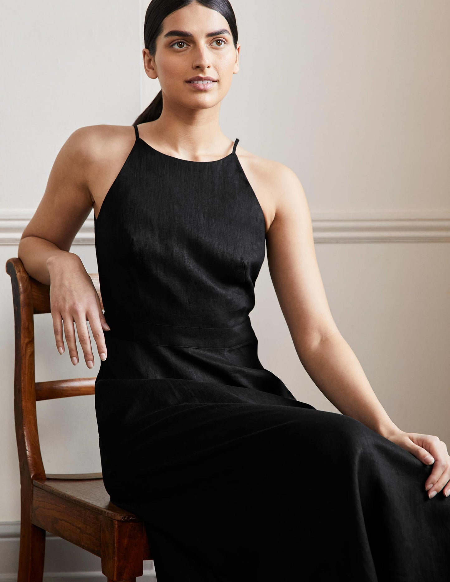Neckholder-Midikleid aus Leinen-Schwarz