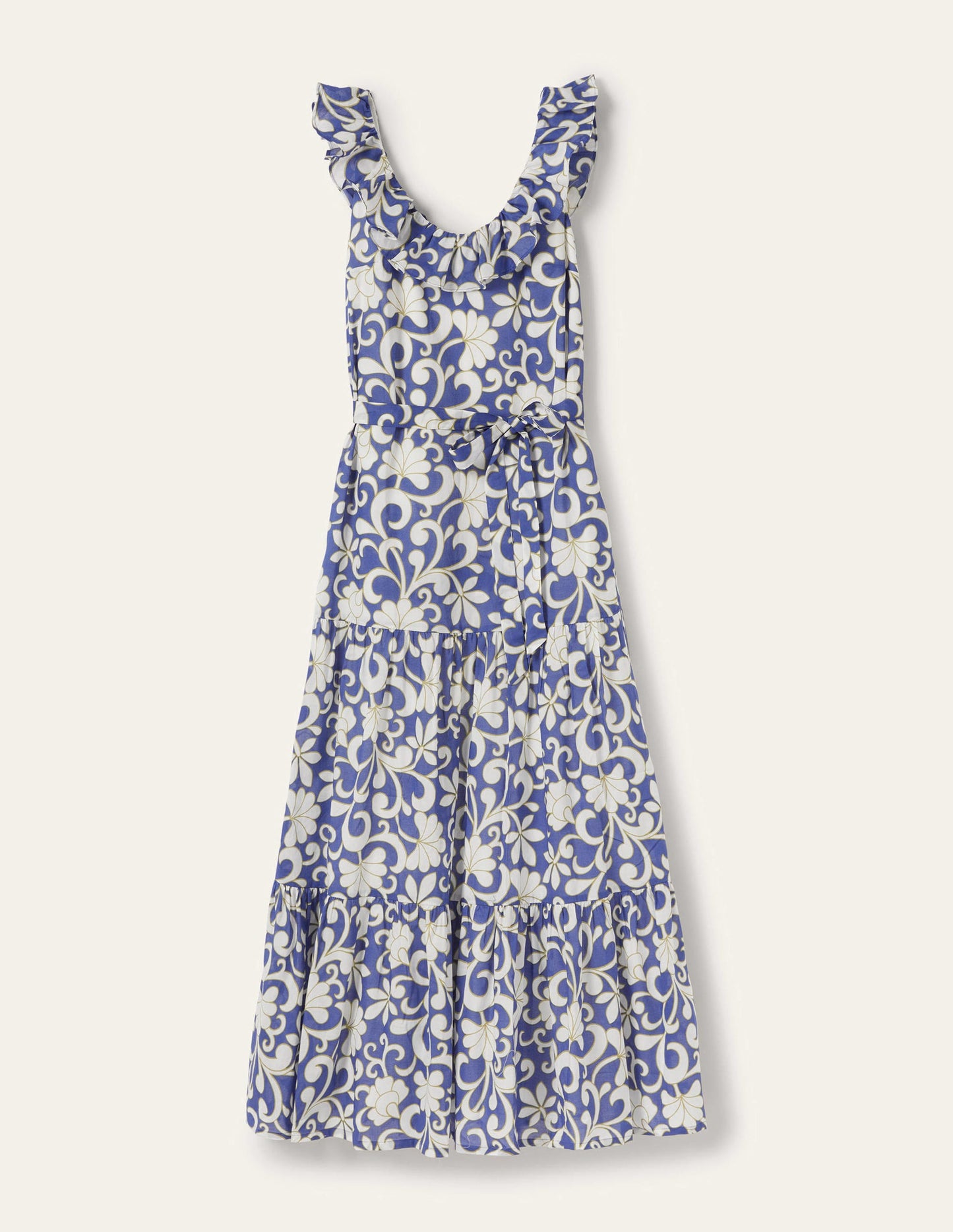 Maxikleid mit Rüschen am Rundhalsausschnitt-Meeresblau, Abstraktes Blütenmuster