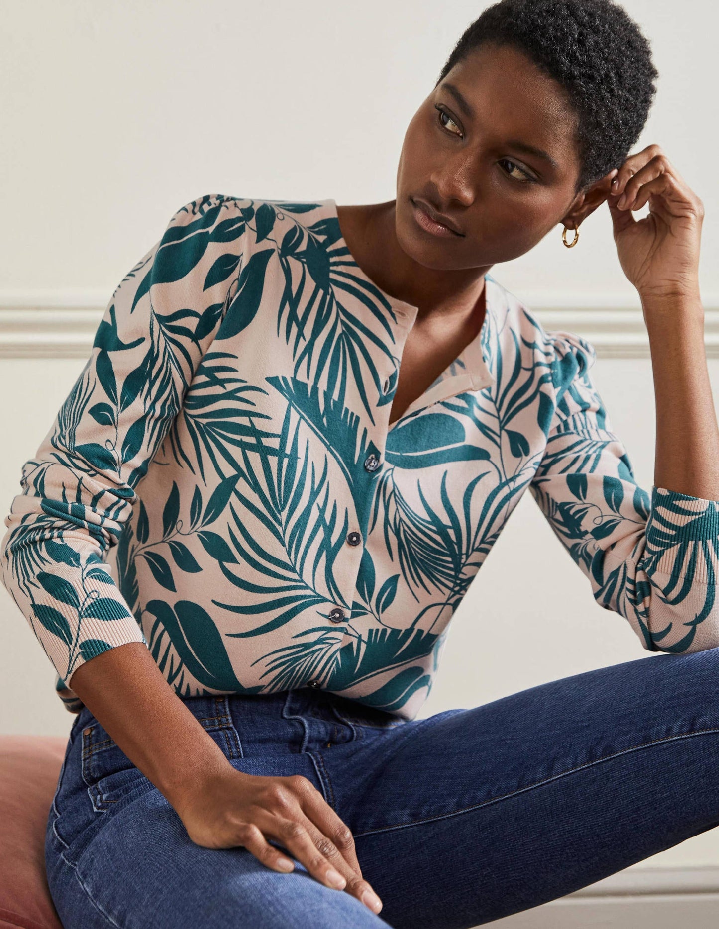 Cotton Crew Neck Cardigan-Milkshake, Tropic Foliage