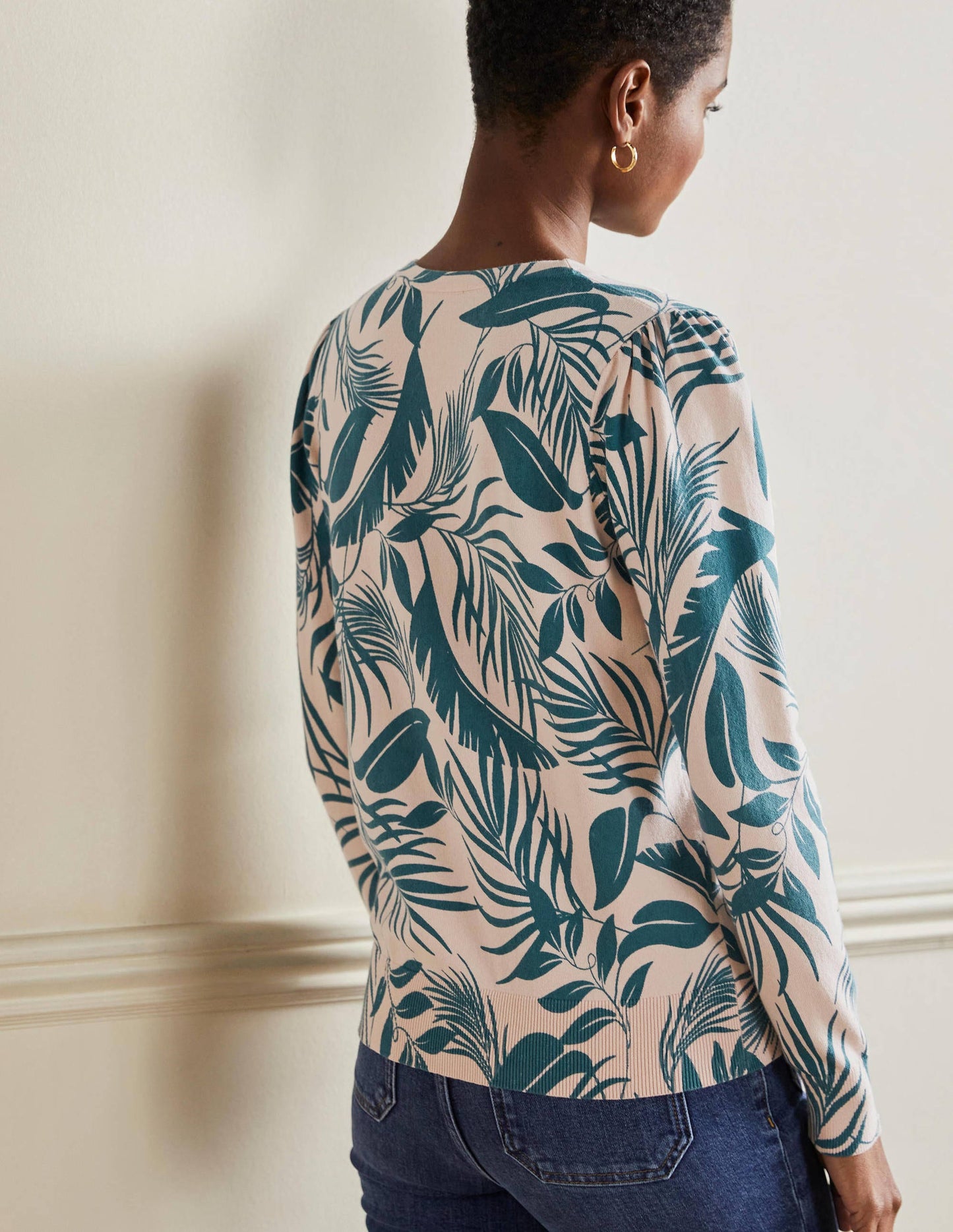 Cotton Crew Neck Cardigan-Milkshake, Tropic Foliage