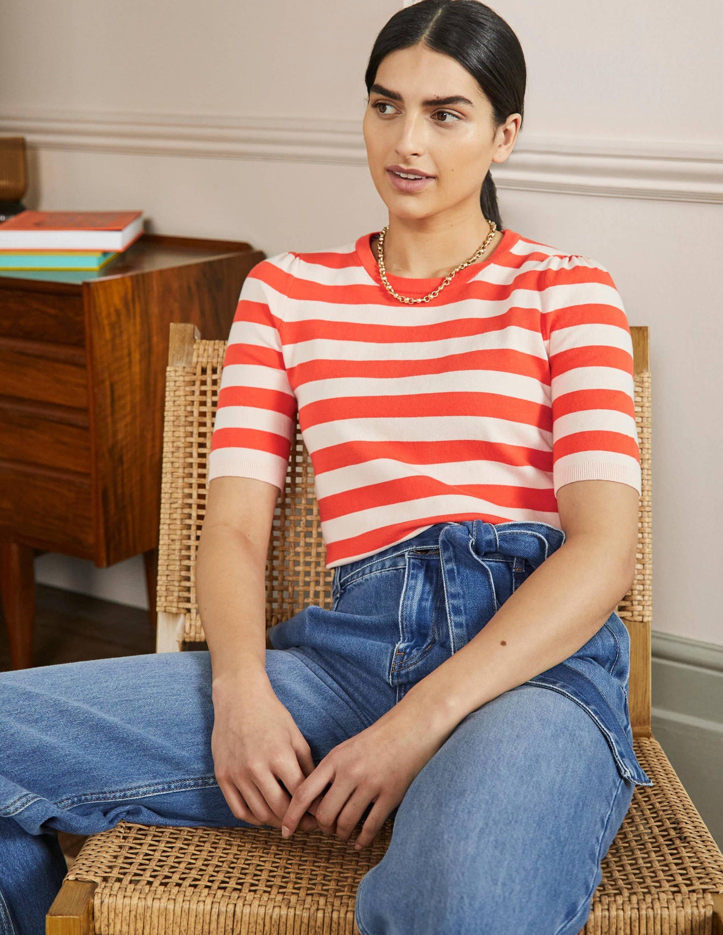 Cotton Crew Knitted Top-Milkshake, Bright Papaya