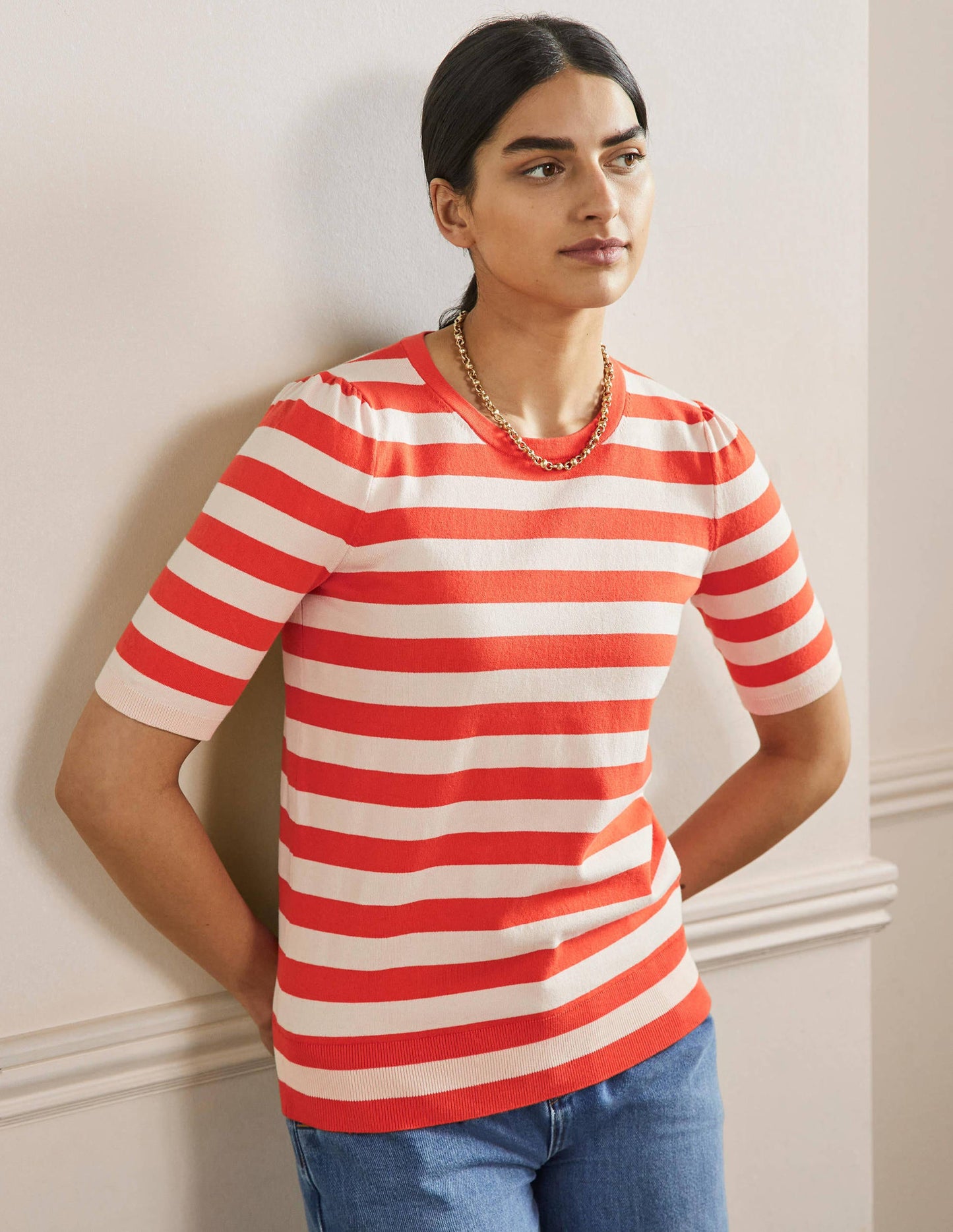 Cotton Crew Knitted Top-Milkshake, Bright Papaya