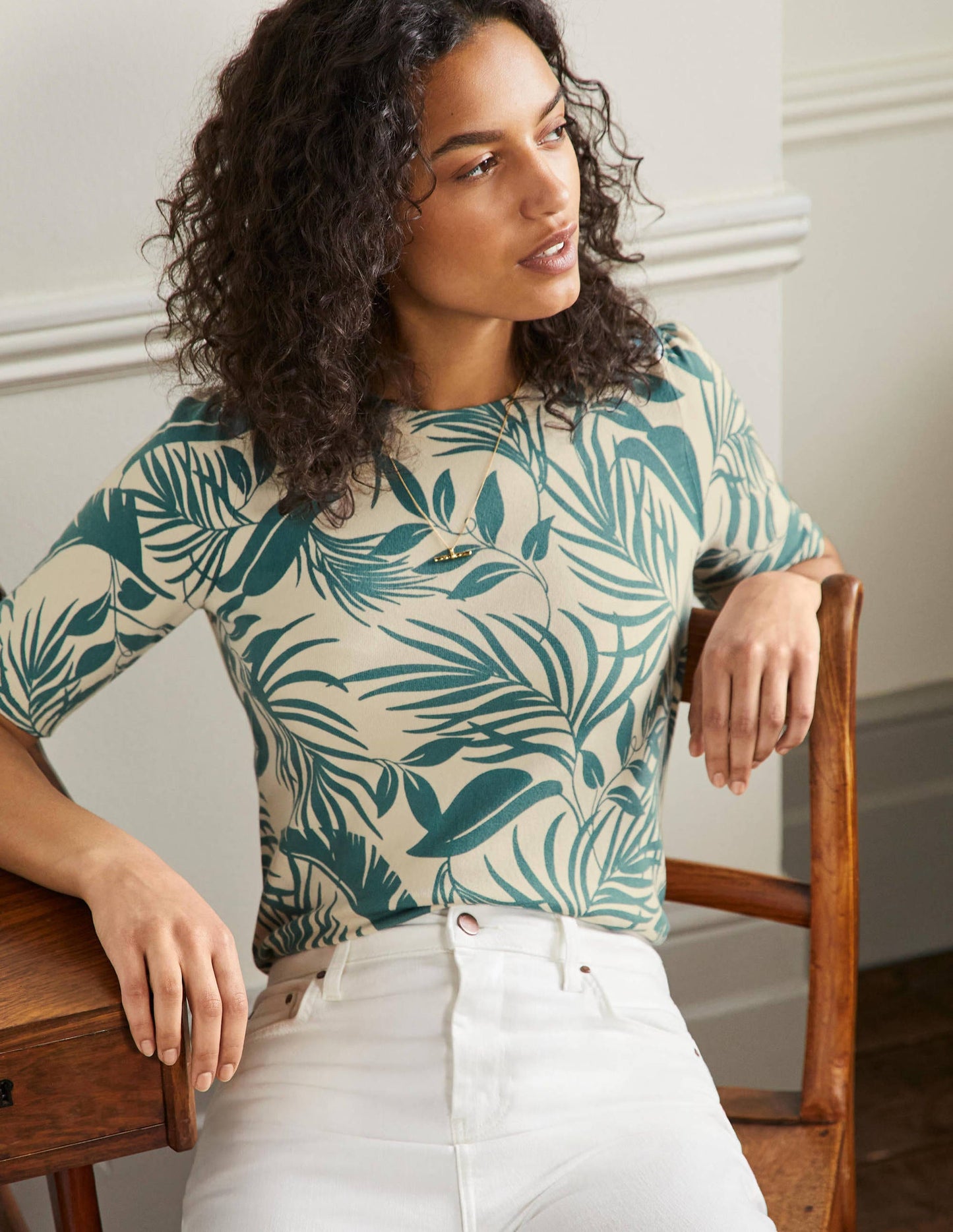 Cotton Crew Knitted Top-Milkshake, Tropic Foliage