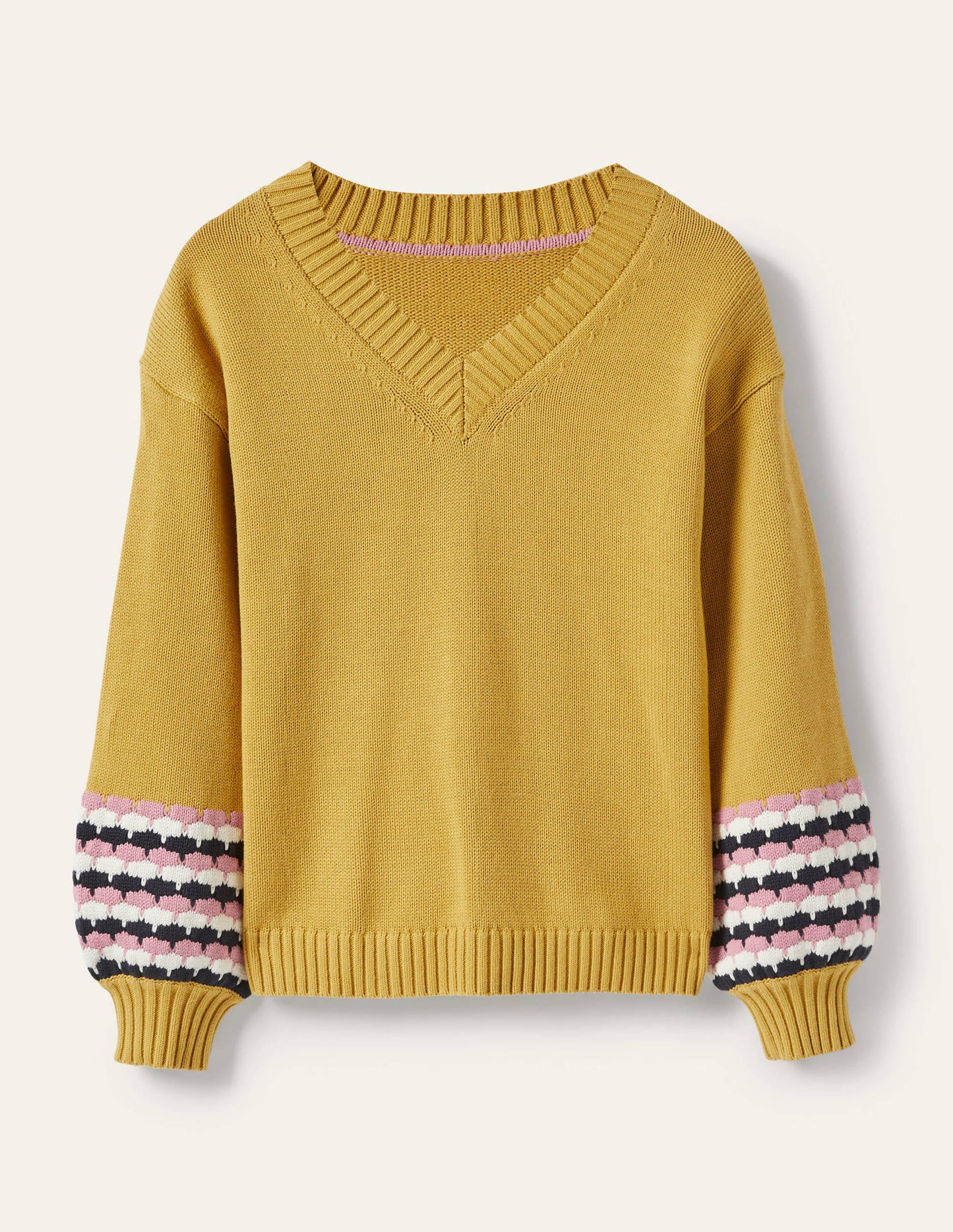 Pullover mit V-Ausschnitt und Ziernähten an den Bündchen-Buttergelb, Gestreift