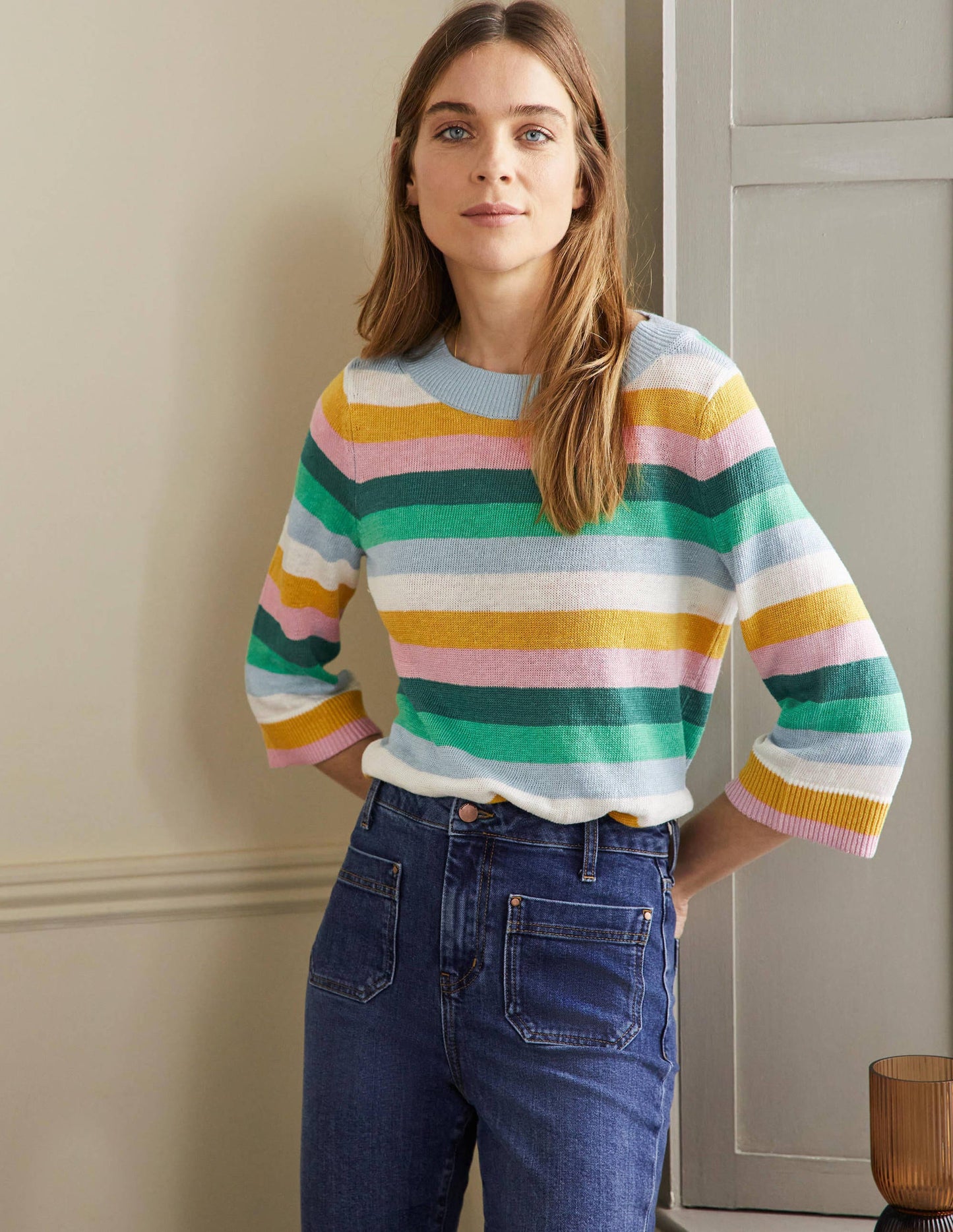 Pull oversize en lin-Clairière ombragée, arc-en-ciel vert