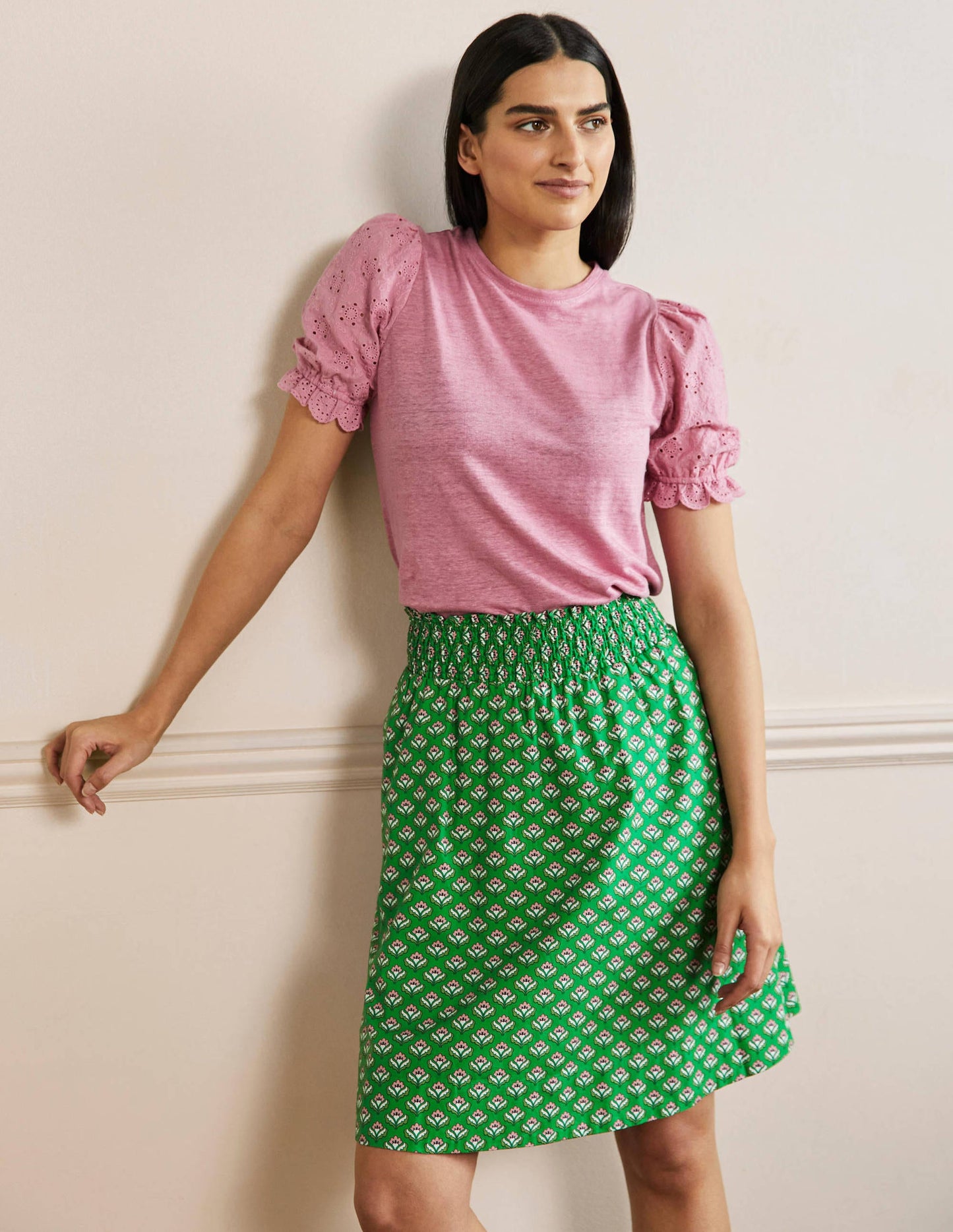 Jupe en coton à taille froncée-Vert, motif Oriental Bud