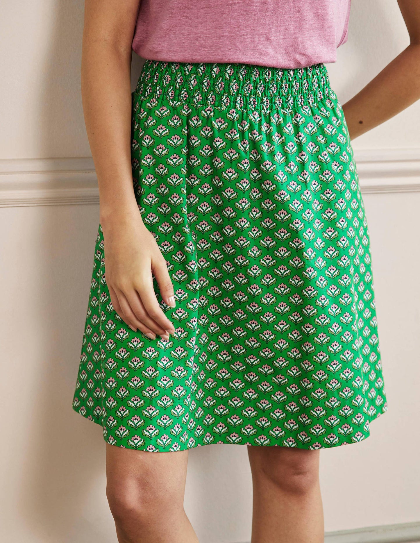 Jupe en coton à taille froncée-Vert, motif Oriental Bud
