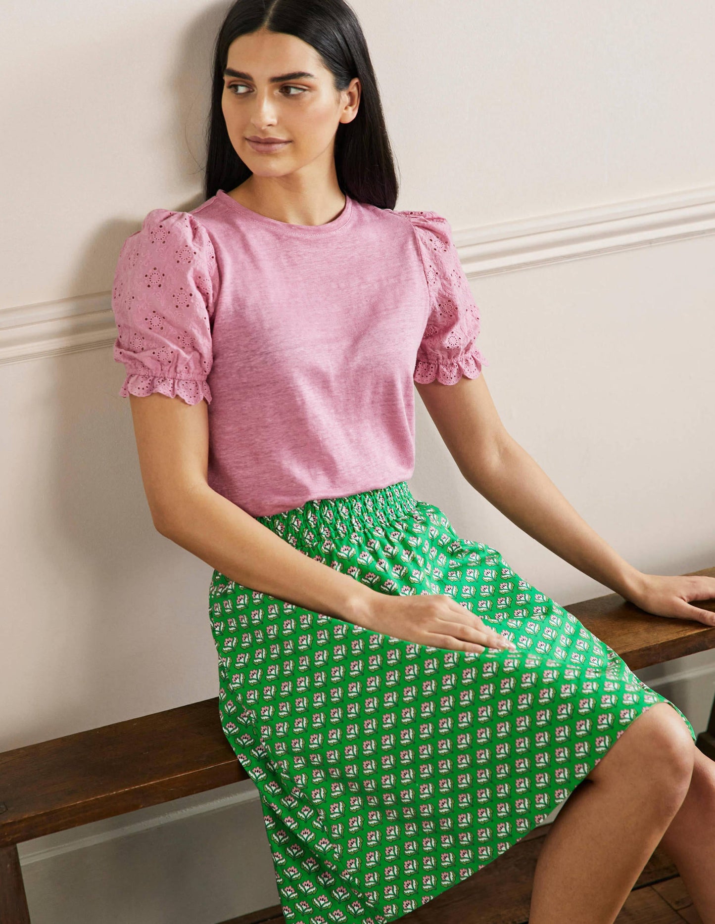 Jupe en coton à taille froncée-Vert, motif Oriental Bud