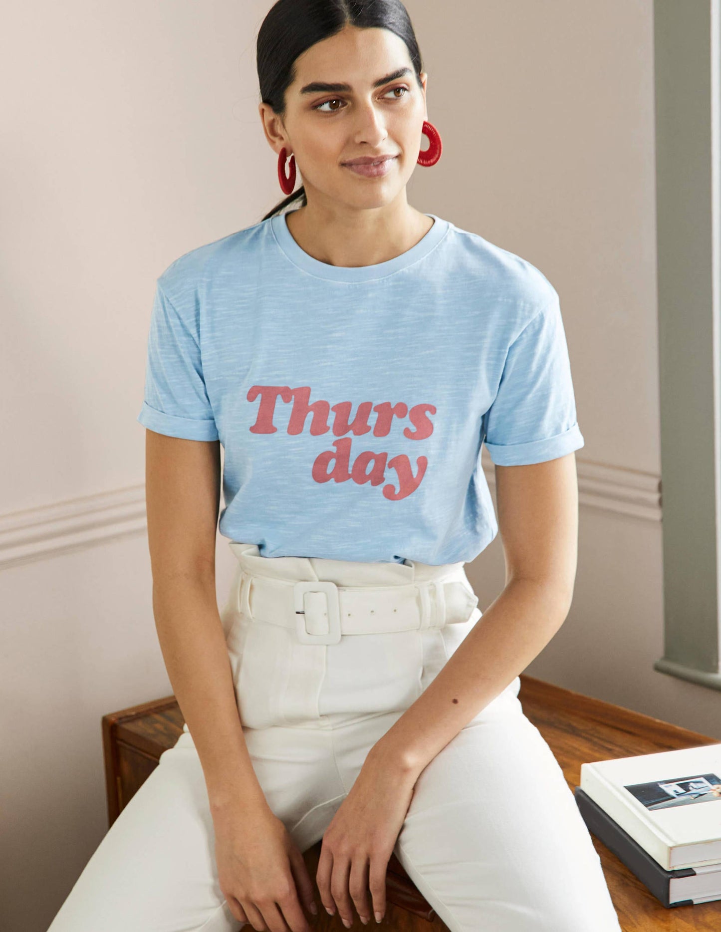 Turn Up Cuff Cotton T-shirt-Dusty Blue, Thursday
