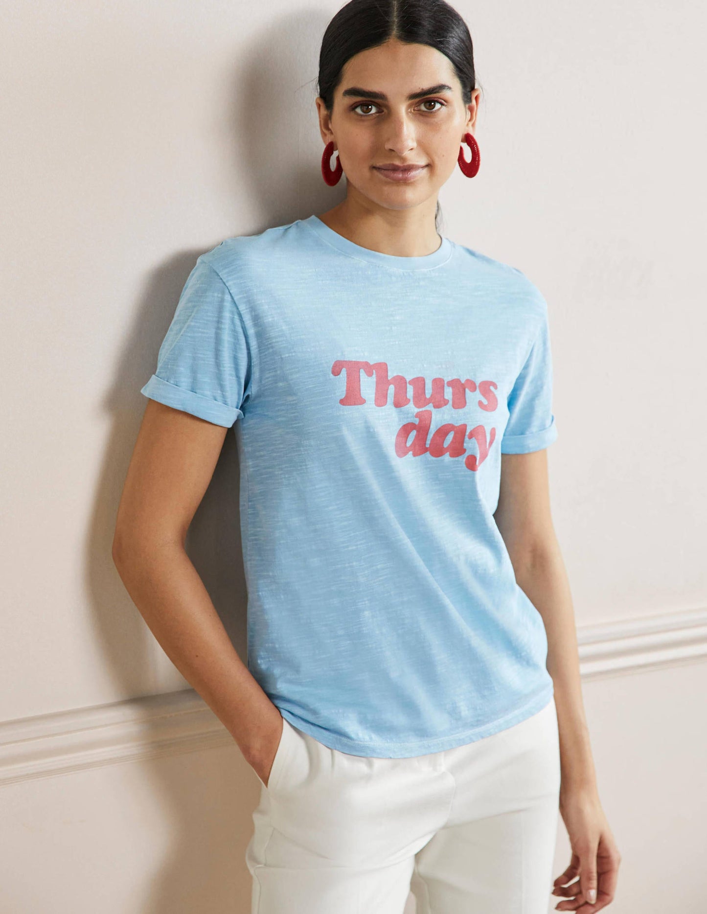Turn Up Cuff Cotton T-shirt-Dusty Blue, Thursday