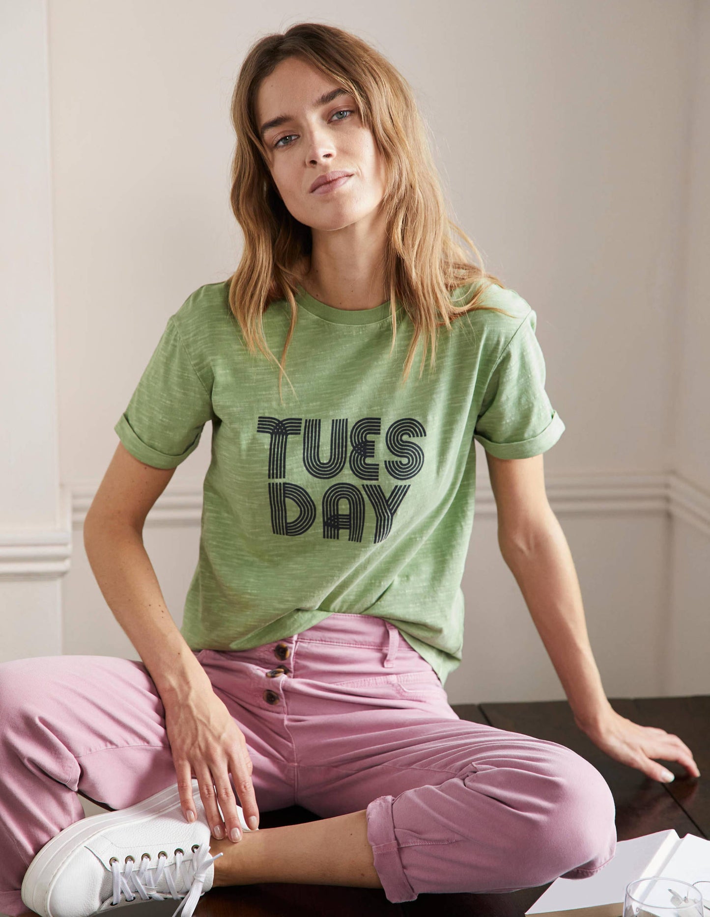 Turn Up Cuff Cotton T-shirt-Basil, Tuesday