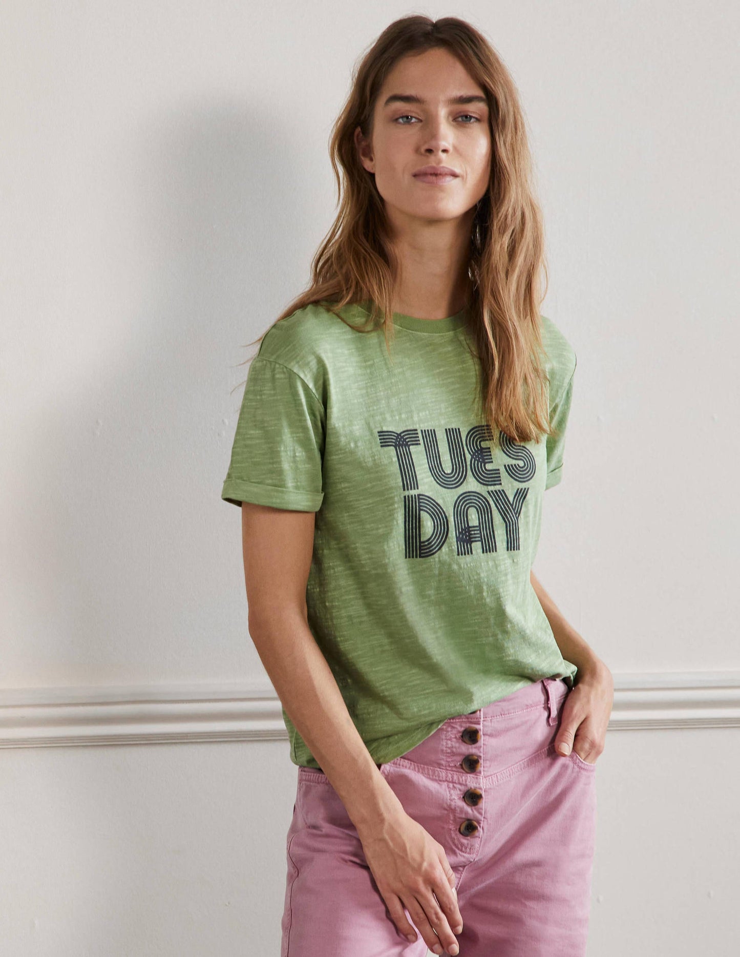 Turn Up Cuff Cotton T-shirt-Basil, Tuesday