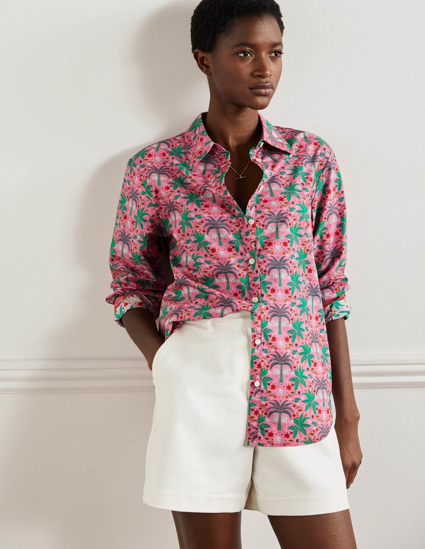 Lässiges Baumwollhemd-Blümchenrosa, Orientalisches Palmenmuster