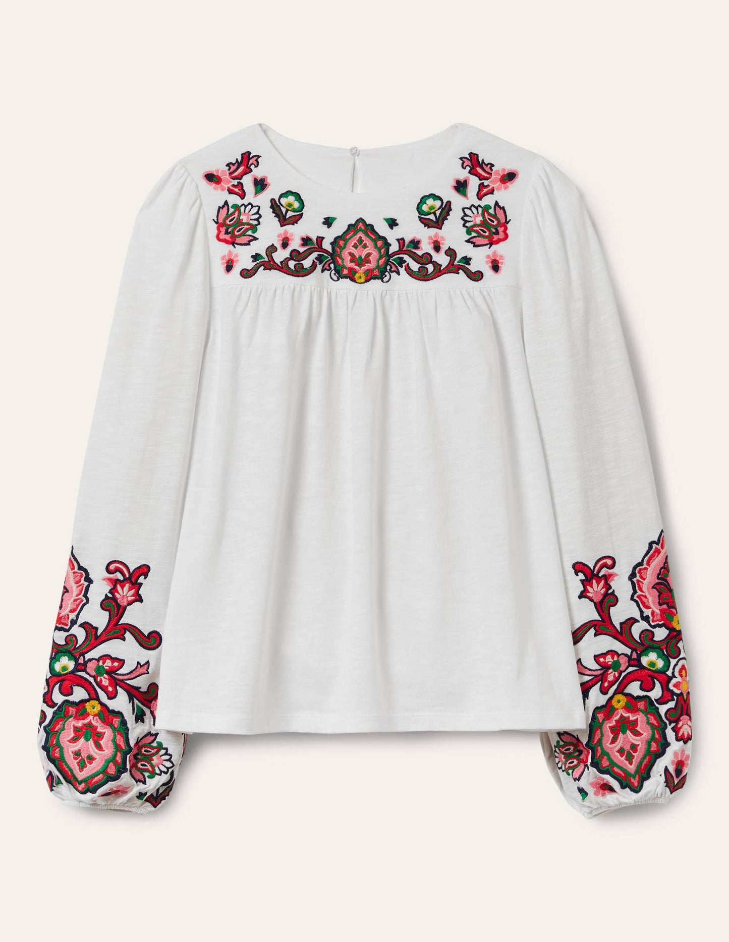 Besticktes Jerseyoberteil mit Blousonärmeln-Weiß