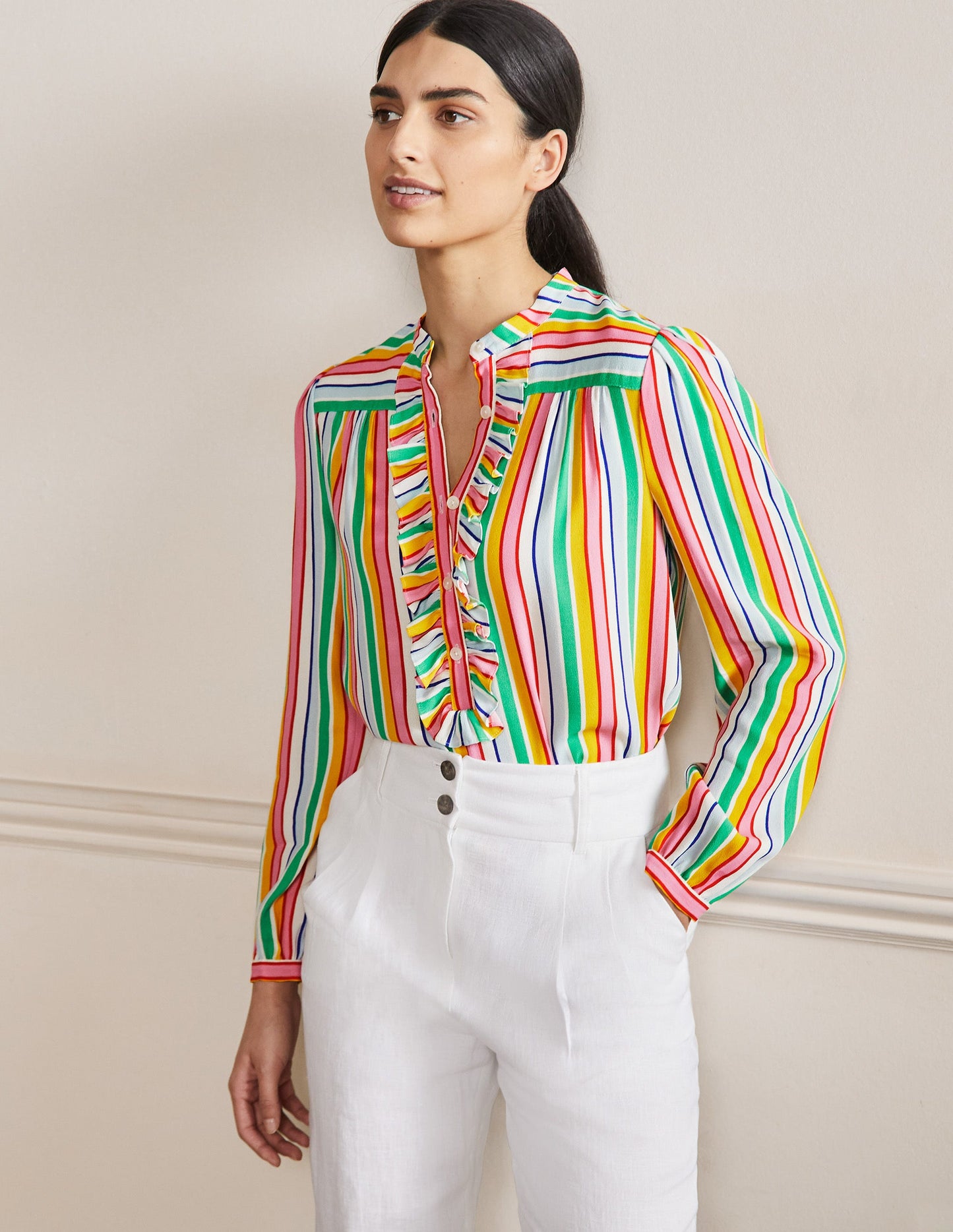 Rüschenbluse zum Hineinschlüpfen-Regenbogen/Bunt, Gestreift