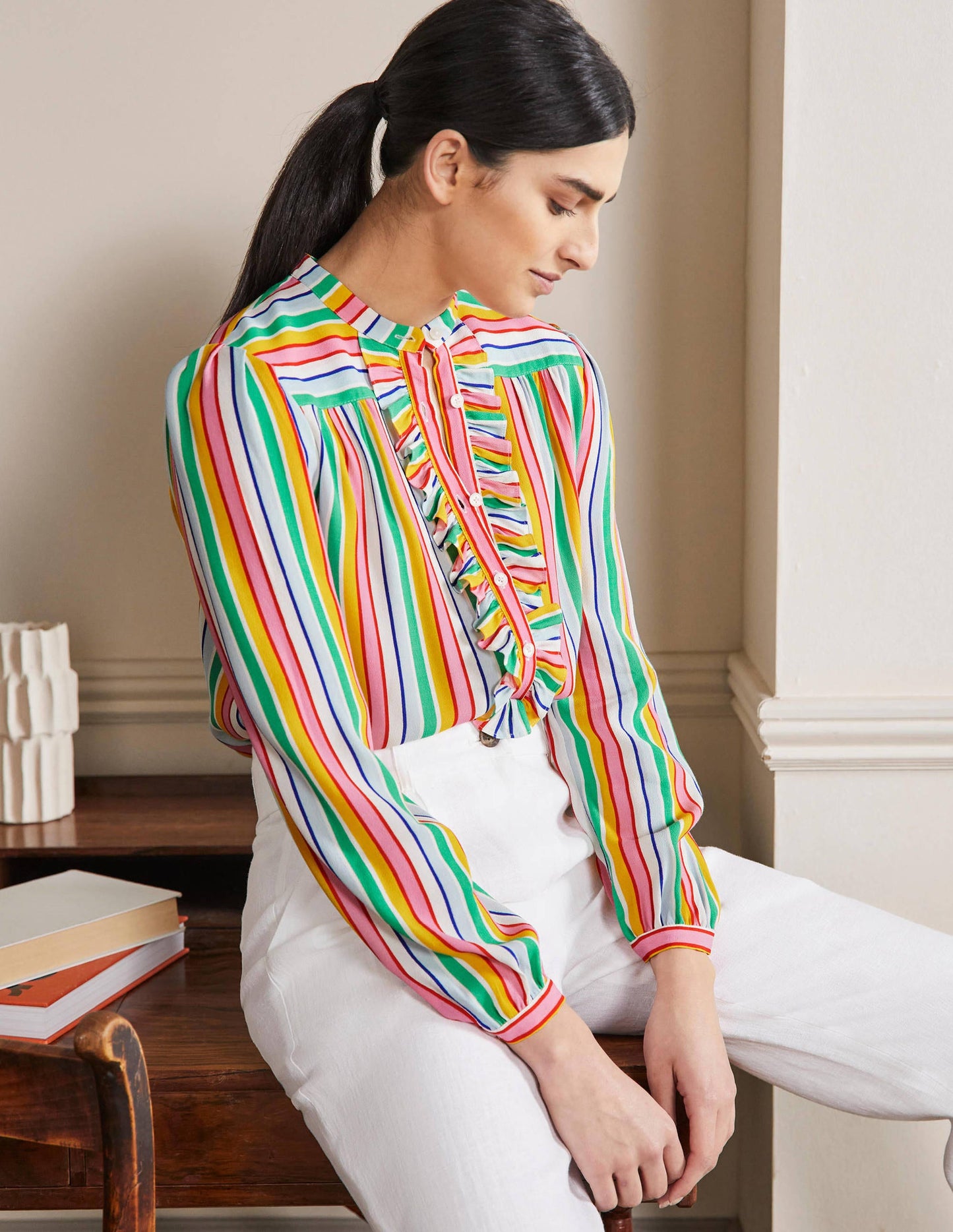 Rüschenbluse zum Hineinschlüpfen-Regenbogen/Bunt, Gestreift