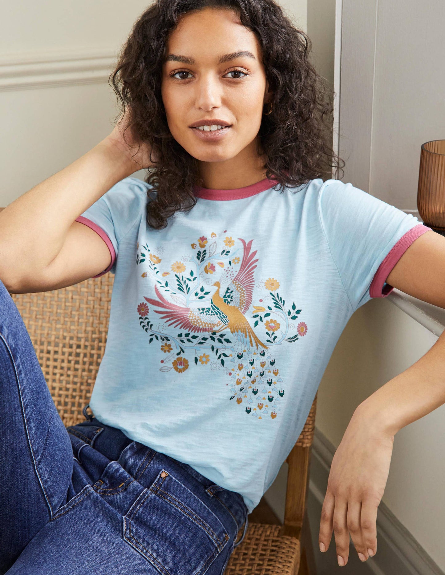 Contrast Rib Cotton T-Shirt-Blue, Enchanting Peacock