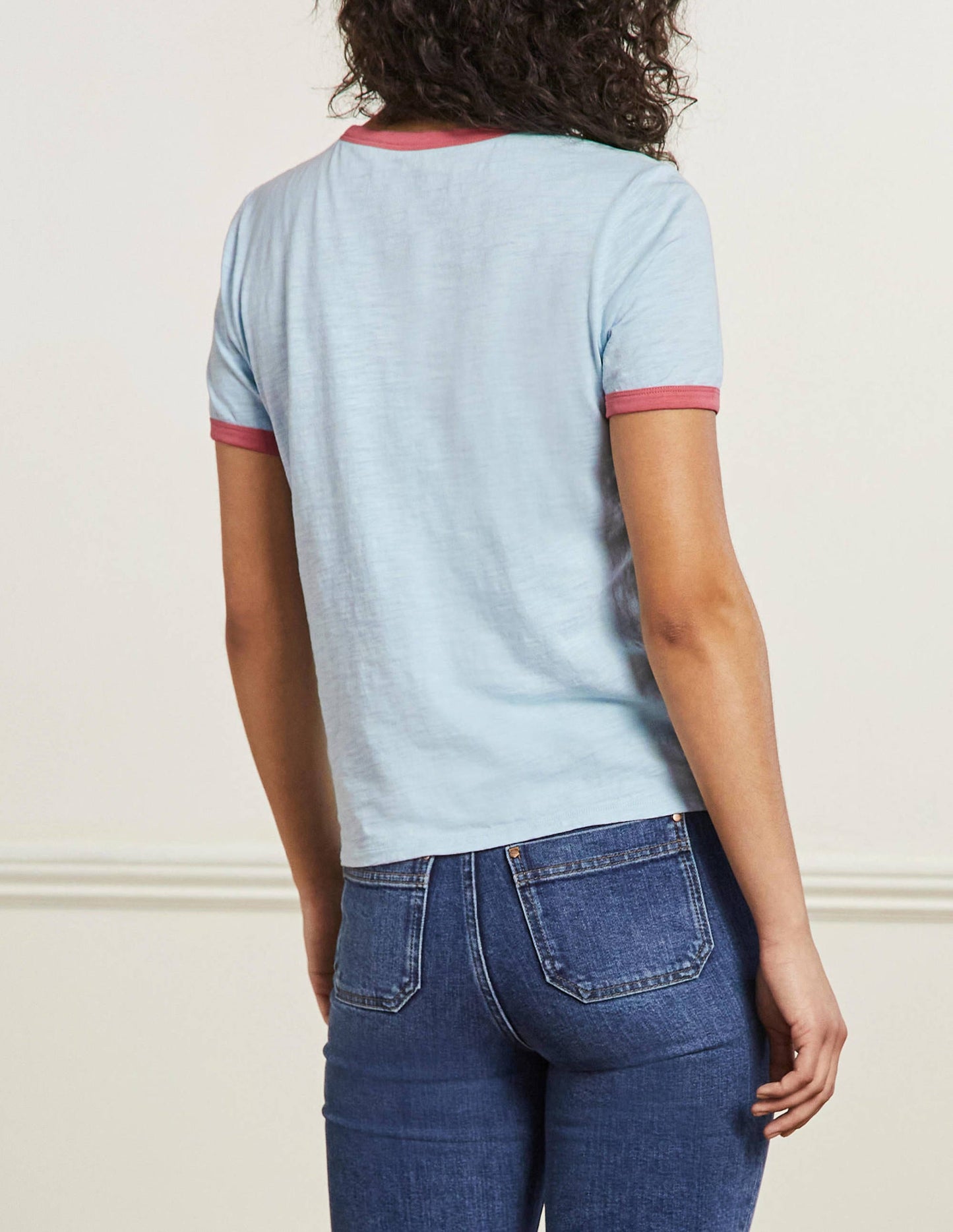 Contrast Rib Cotton T-Shirt-Blue, Enchanting Peacock