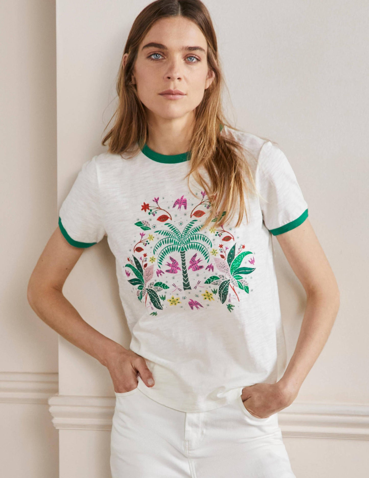 Contrast Rib Cotton T-Shirt-Ivory, Oriental Cascade
