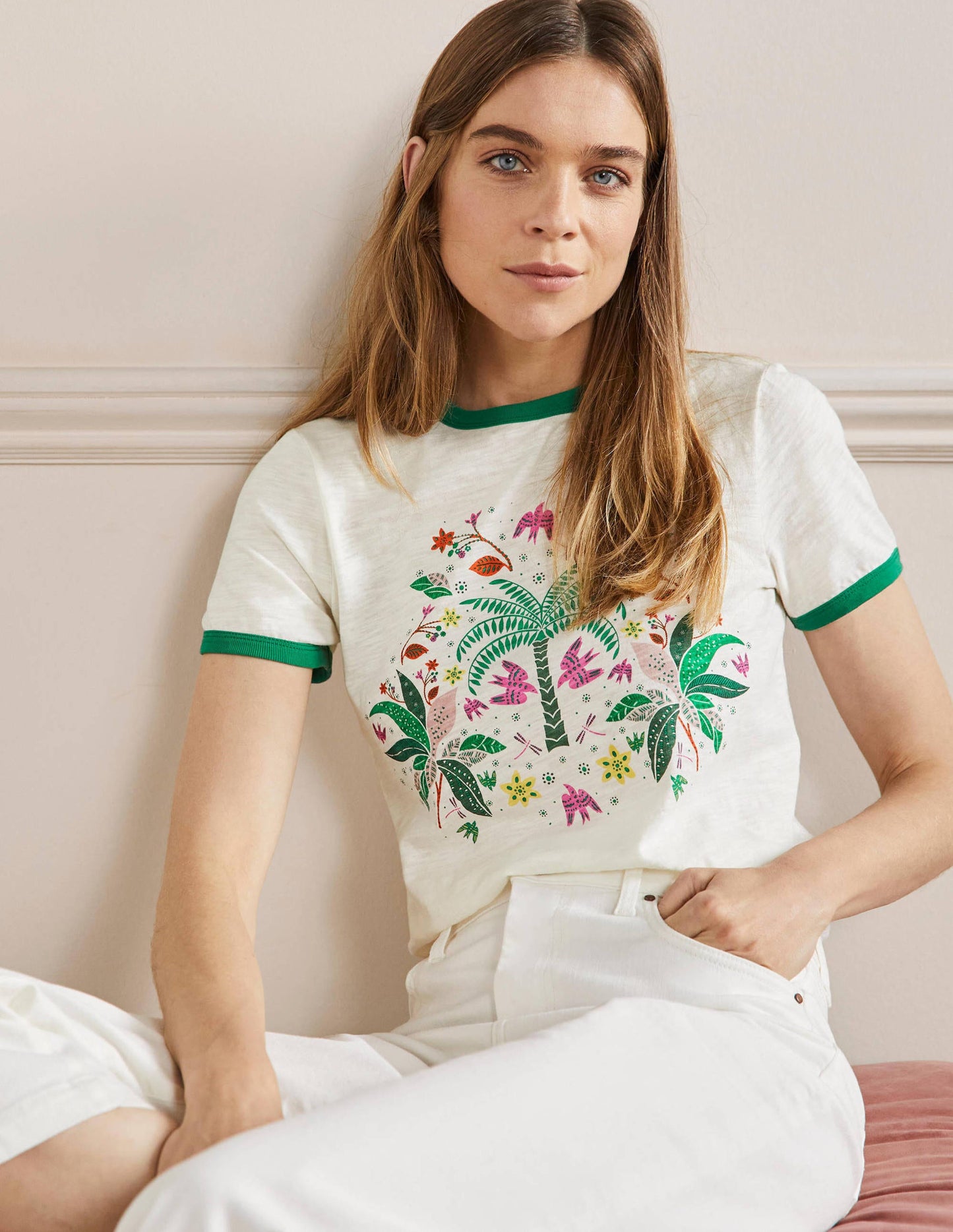 Contrast Rib Cotton T-Shirt-Ivory, Oriental Cascade