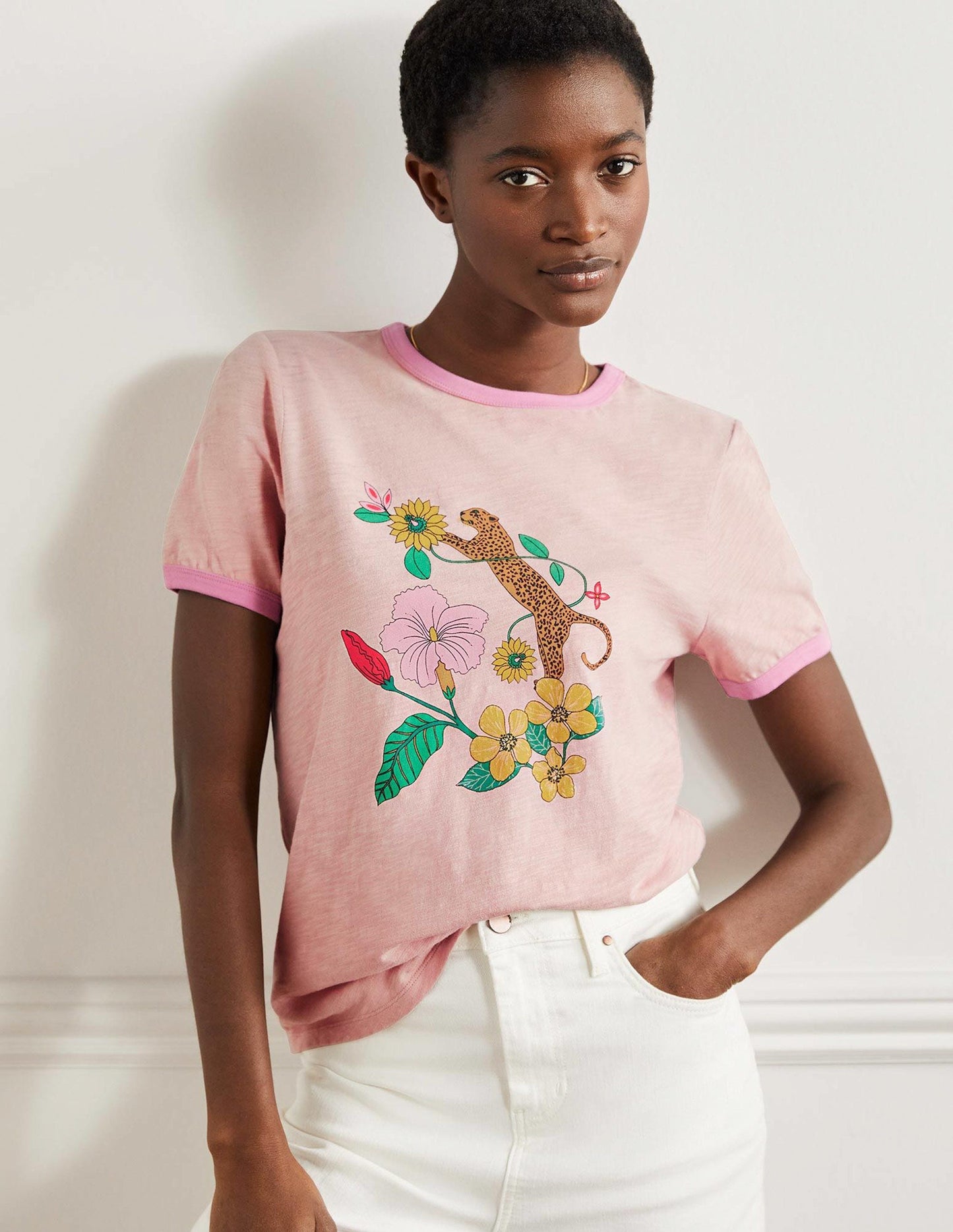 Contrast Rib Cotton T-Shirt-Milkshake, Exotic Paradise