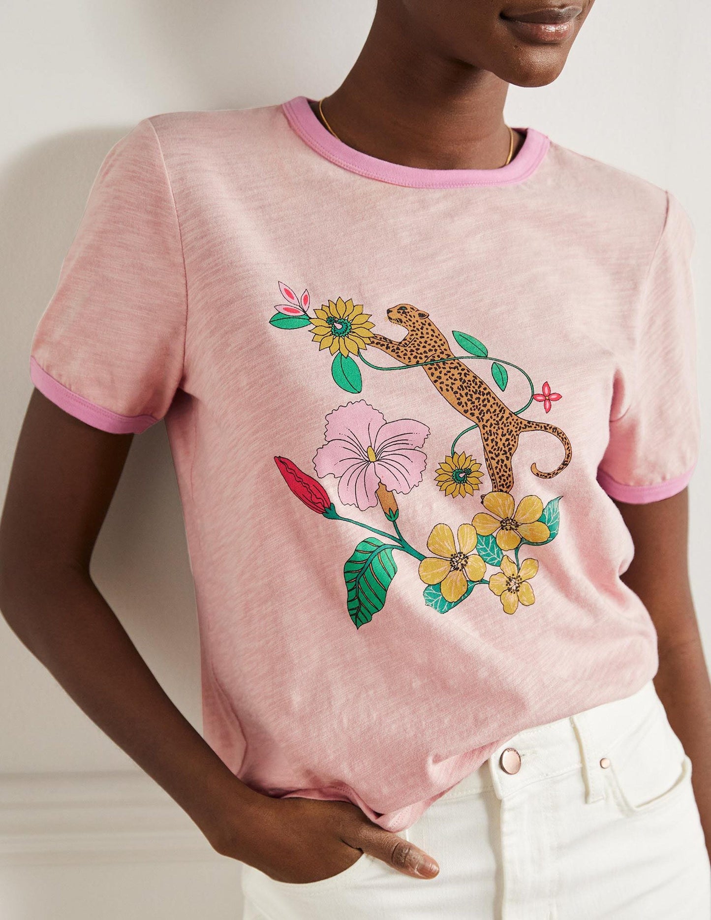Contrast Rib Cotton T-Shirt-Milkshake, Exotic Paradise