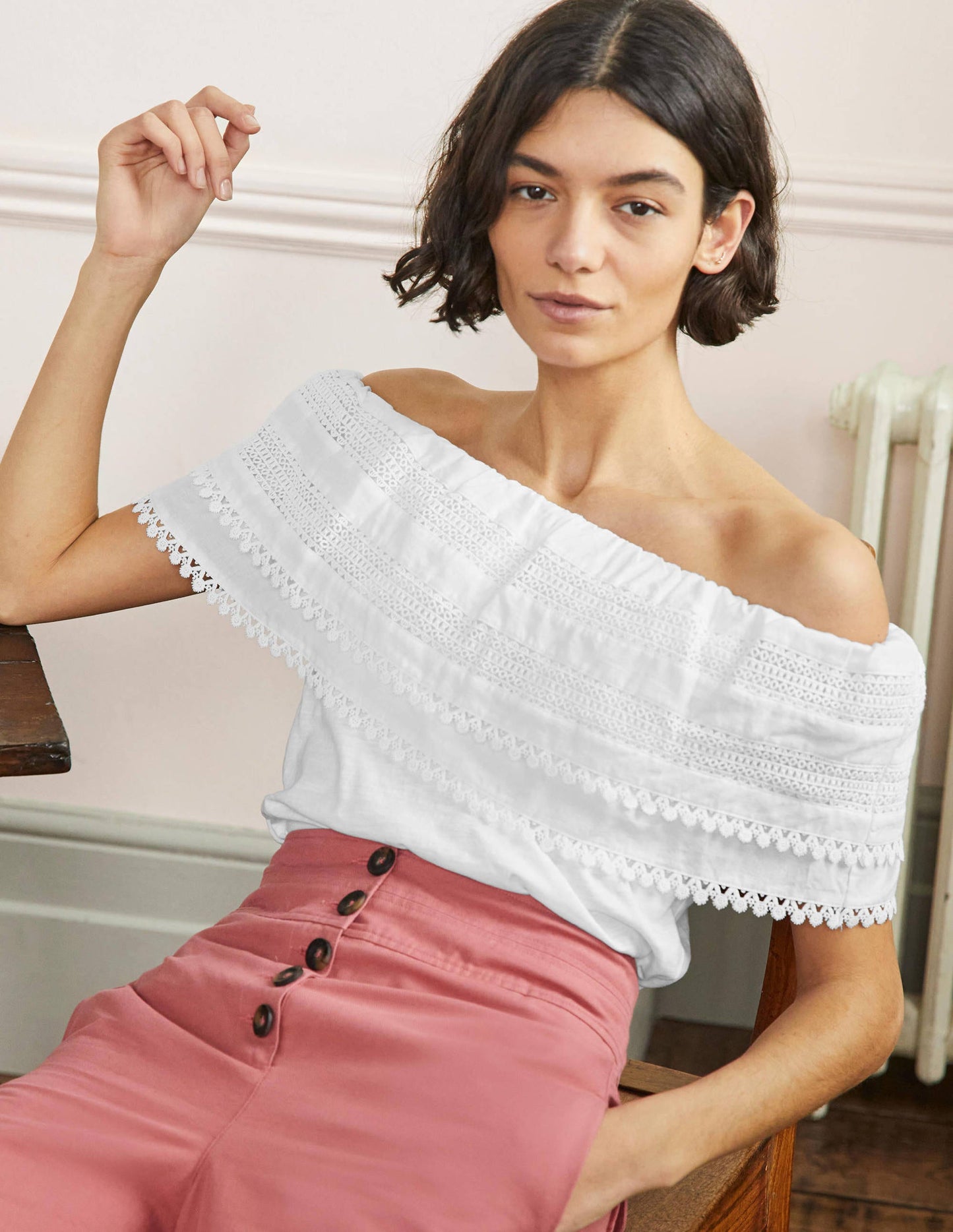 Bardot Woven Mix Detail Top-White
