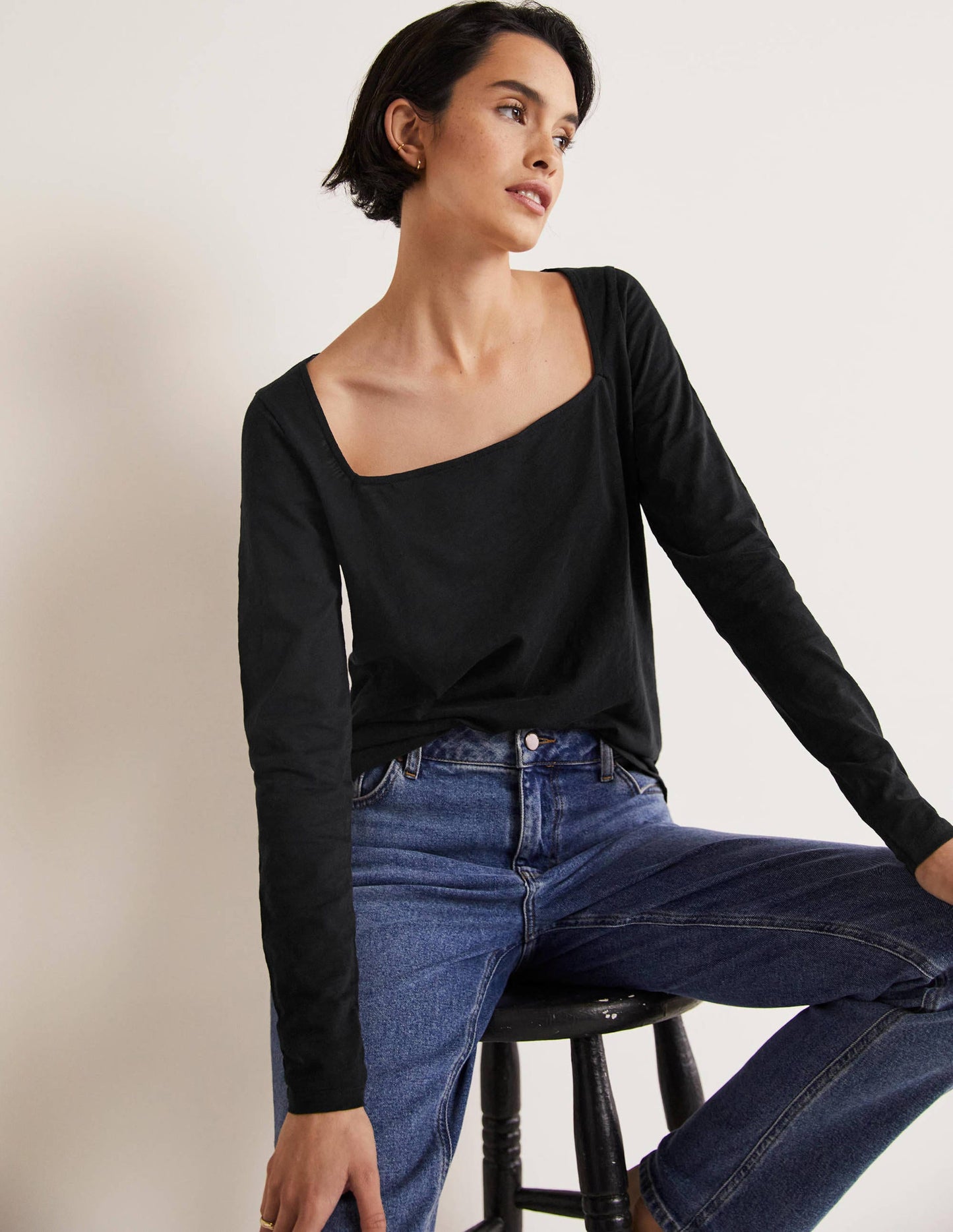 Cotton Square Neck Top-Black