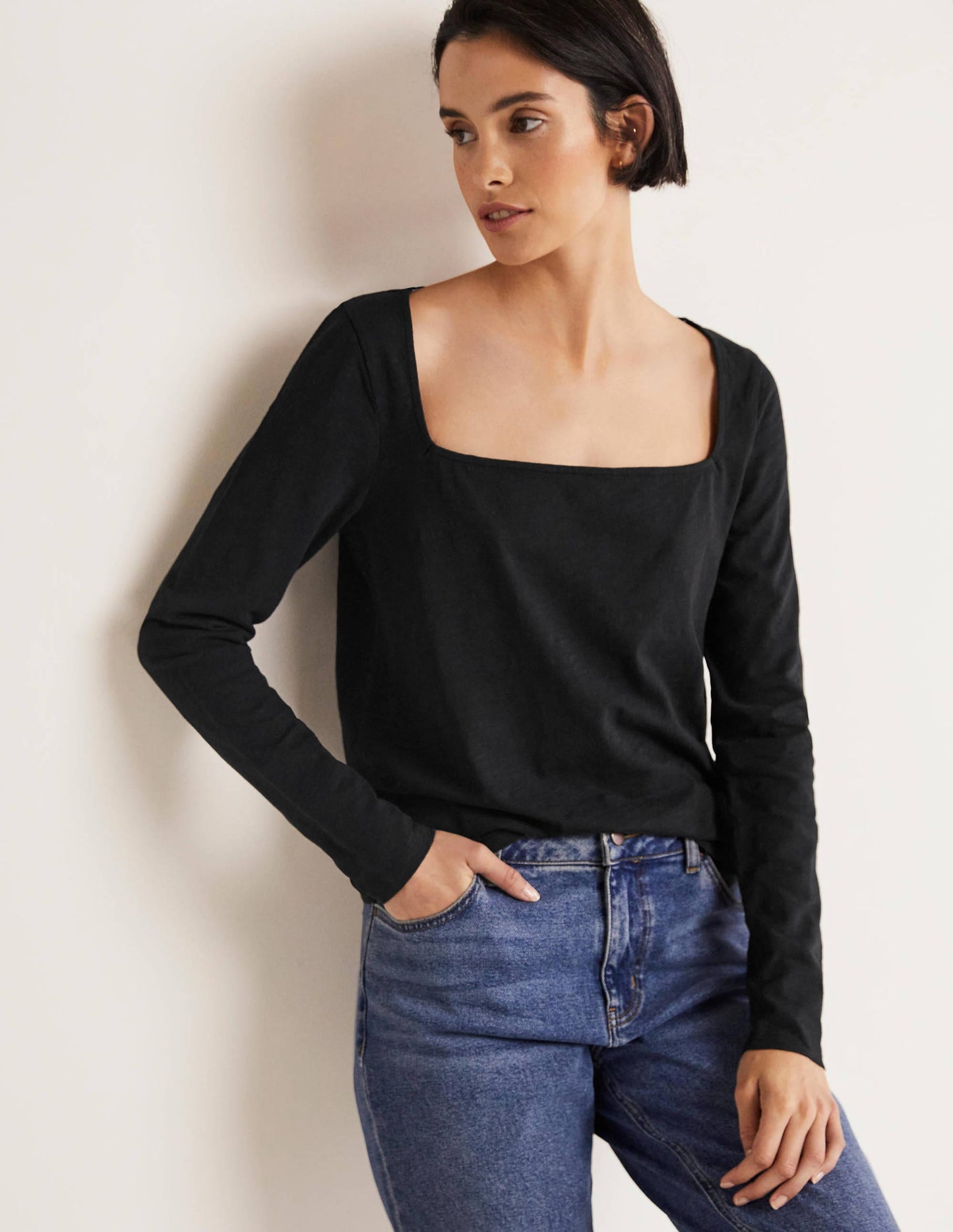 Cotton Square Neck Top-Black