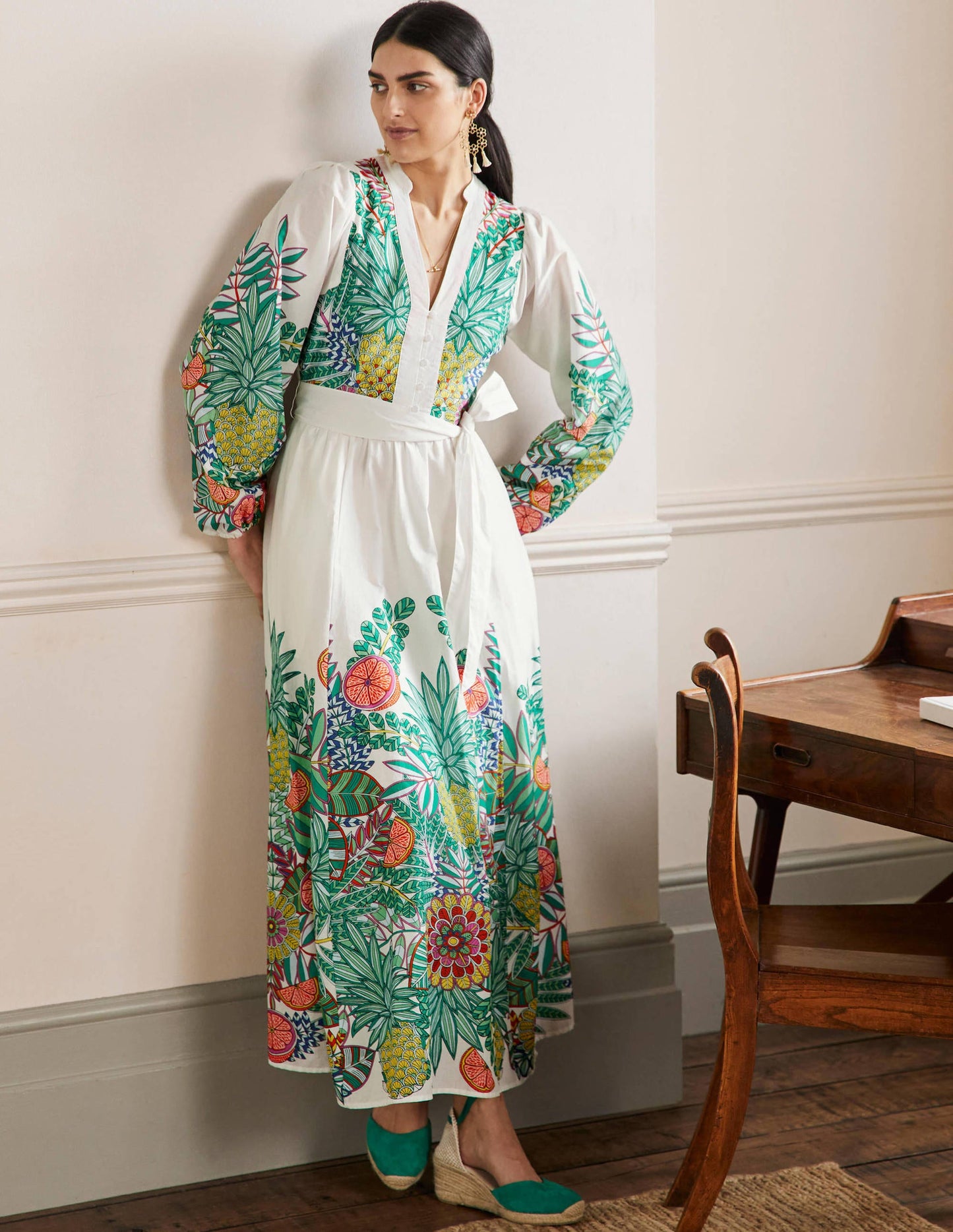 Notch Neck Cotton Maxi Dress-Ivory Pineapple