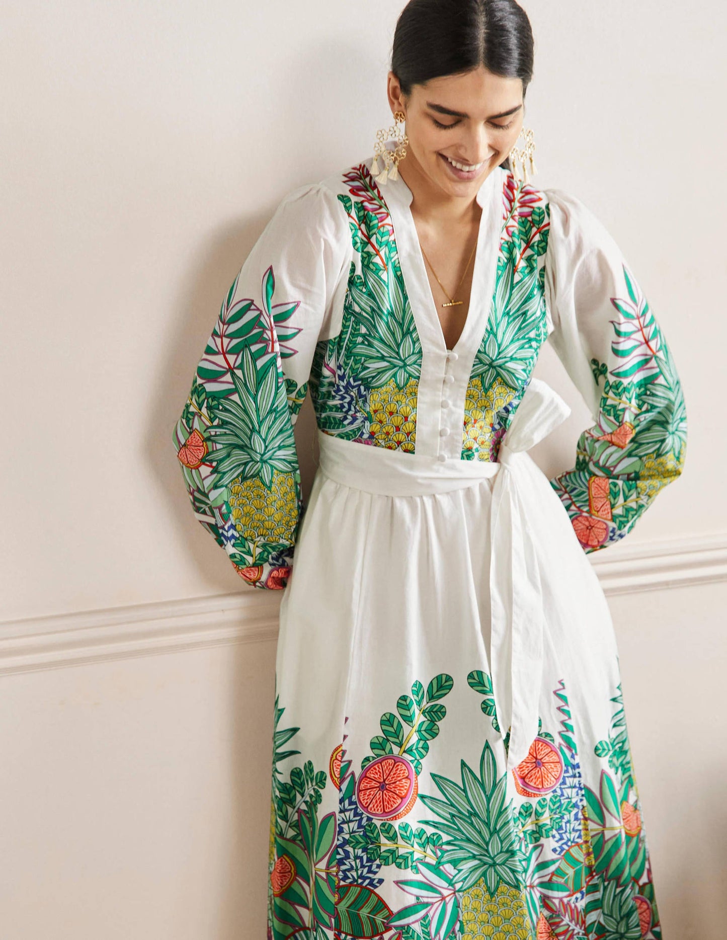 Notch Neck Cotton Maxi Dress-Ivory Pineapple