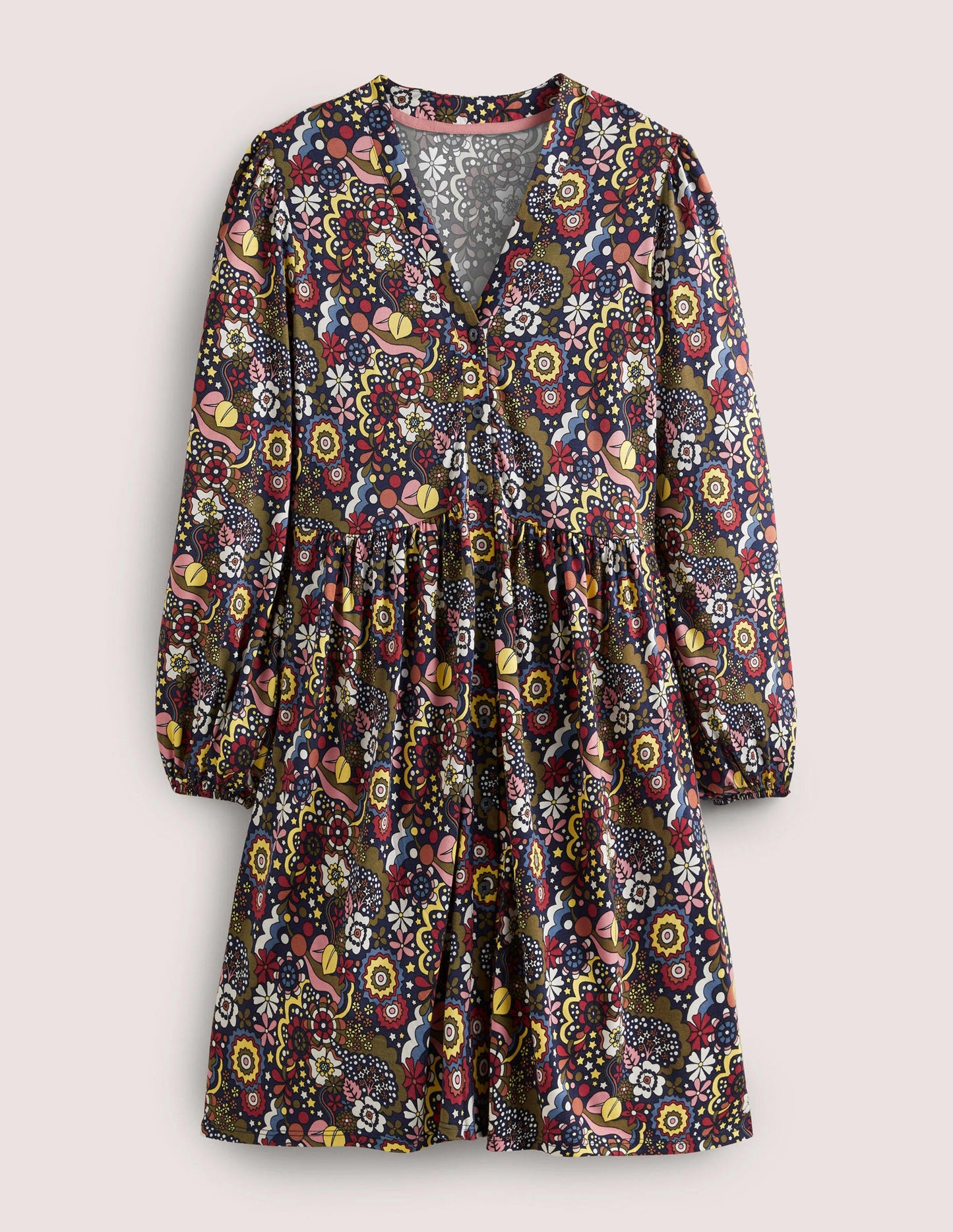 Jerseykleid mit durchgängiger Knopfleiste-Bunt, Paradieswirbelmuster