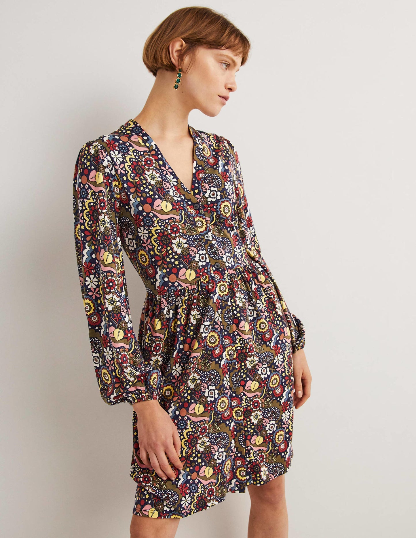 Jerseykleid mit durchgängiger Knopfleiste-Bunt, Paradieswirbelmuster