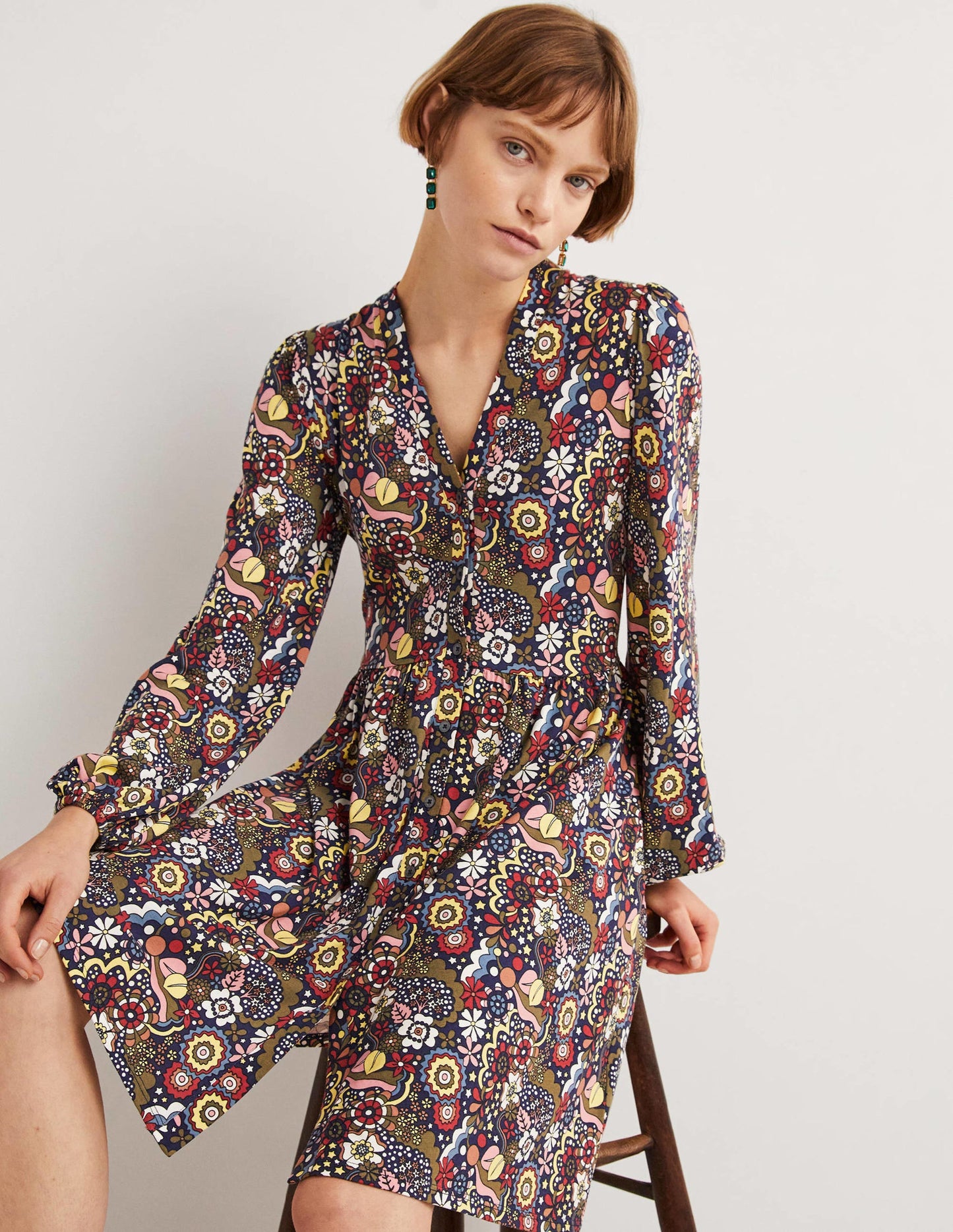 Jerseykleid mit durchgängiger Knopfleiste-Bunt, Paradieswirbelmuster