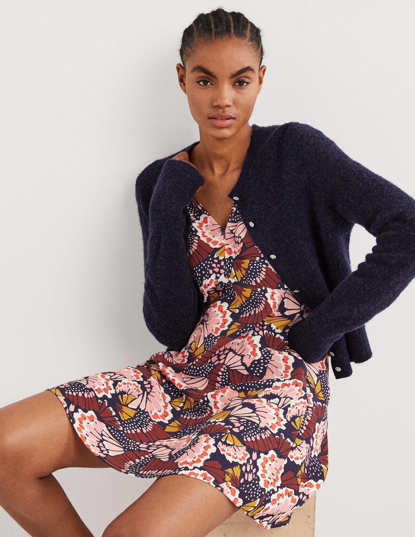 Robe style 40s à col V-Multi, motif Petal Stamp