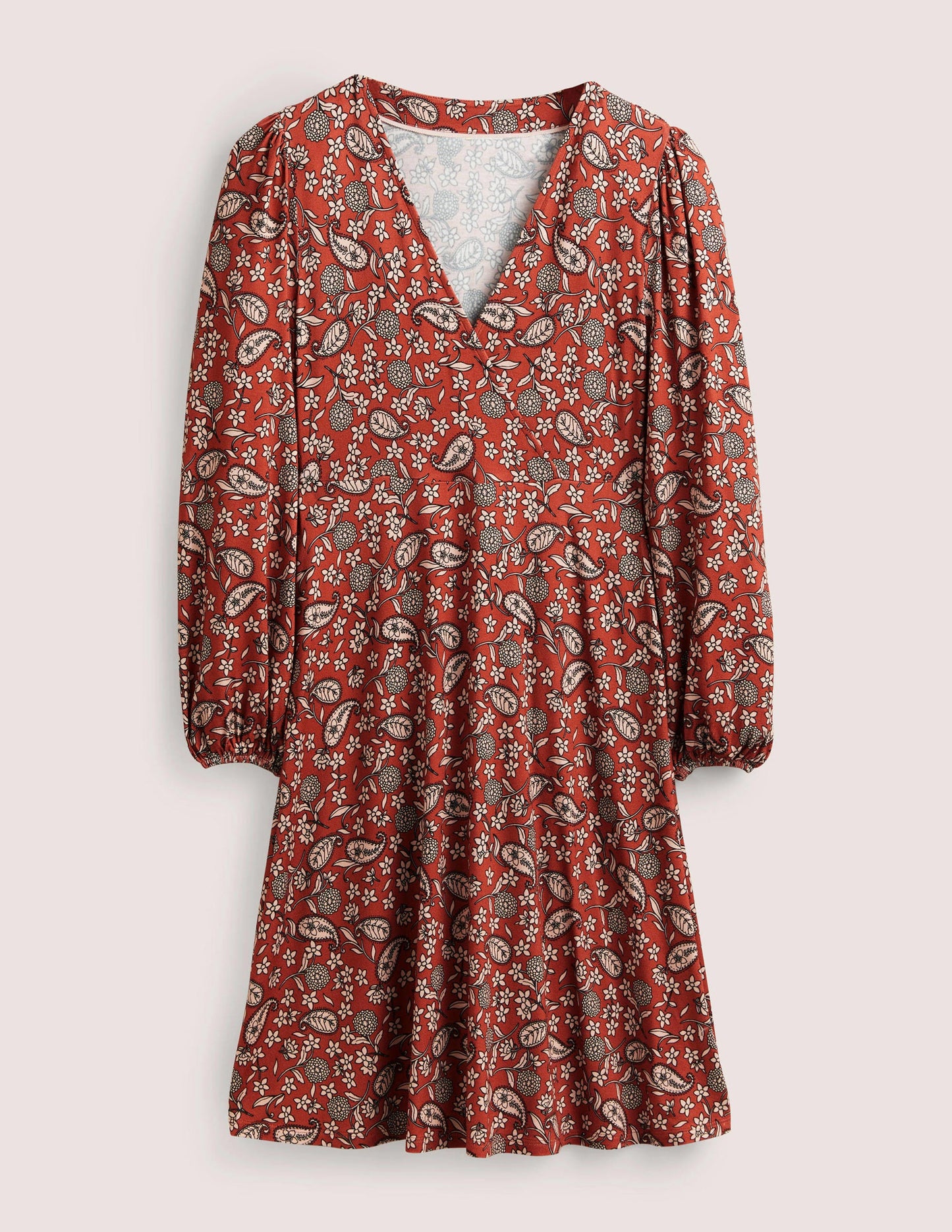 Unkompliziertes Jerseykleid mit fixierter Wickeloptik-Chiliölrot, Blumengarten
