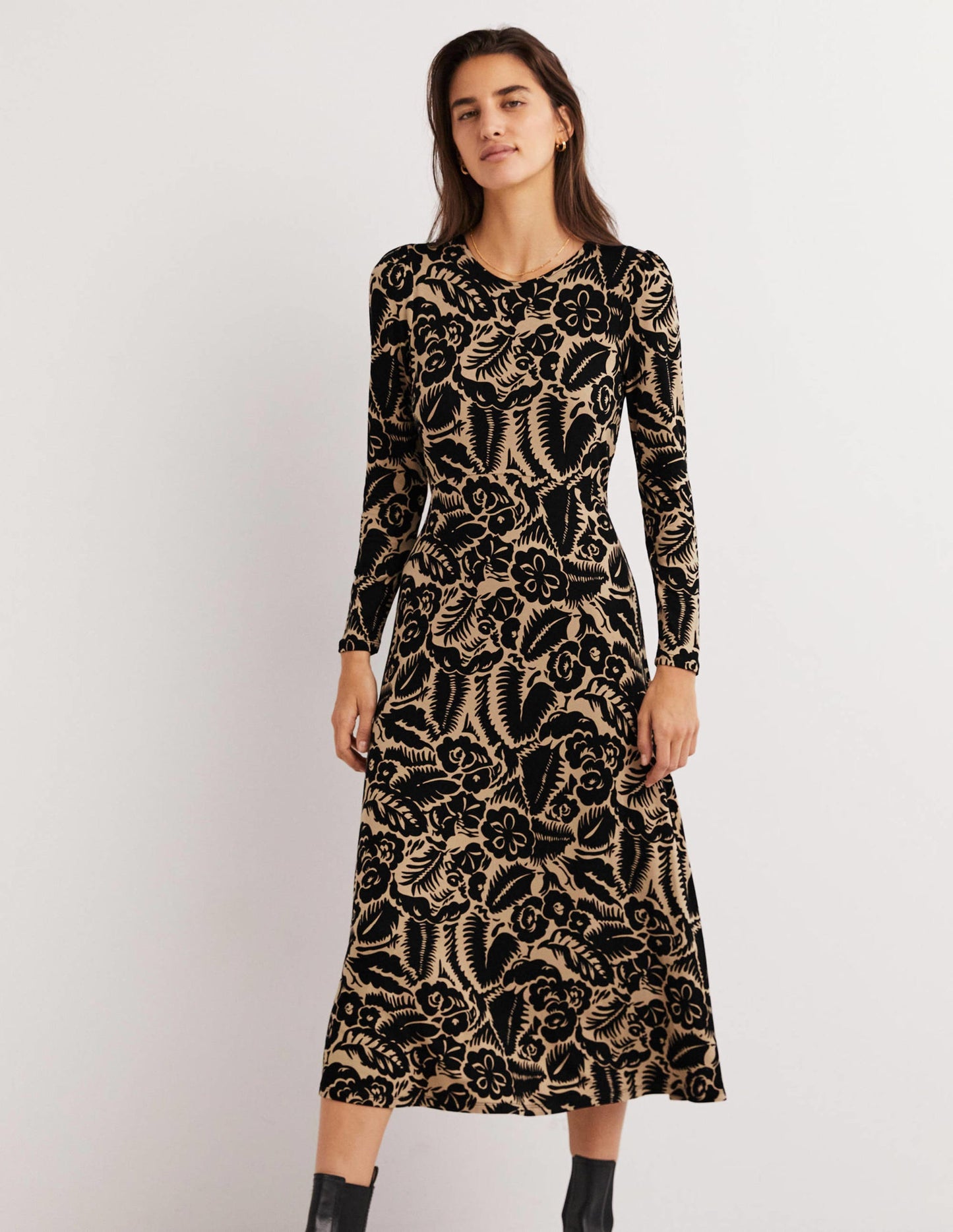 Jersey-Midikleid mit Rundhalsausschnitt-Schwarz, Abstrakter Garten