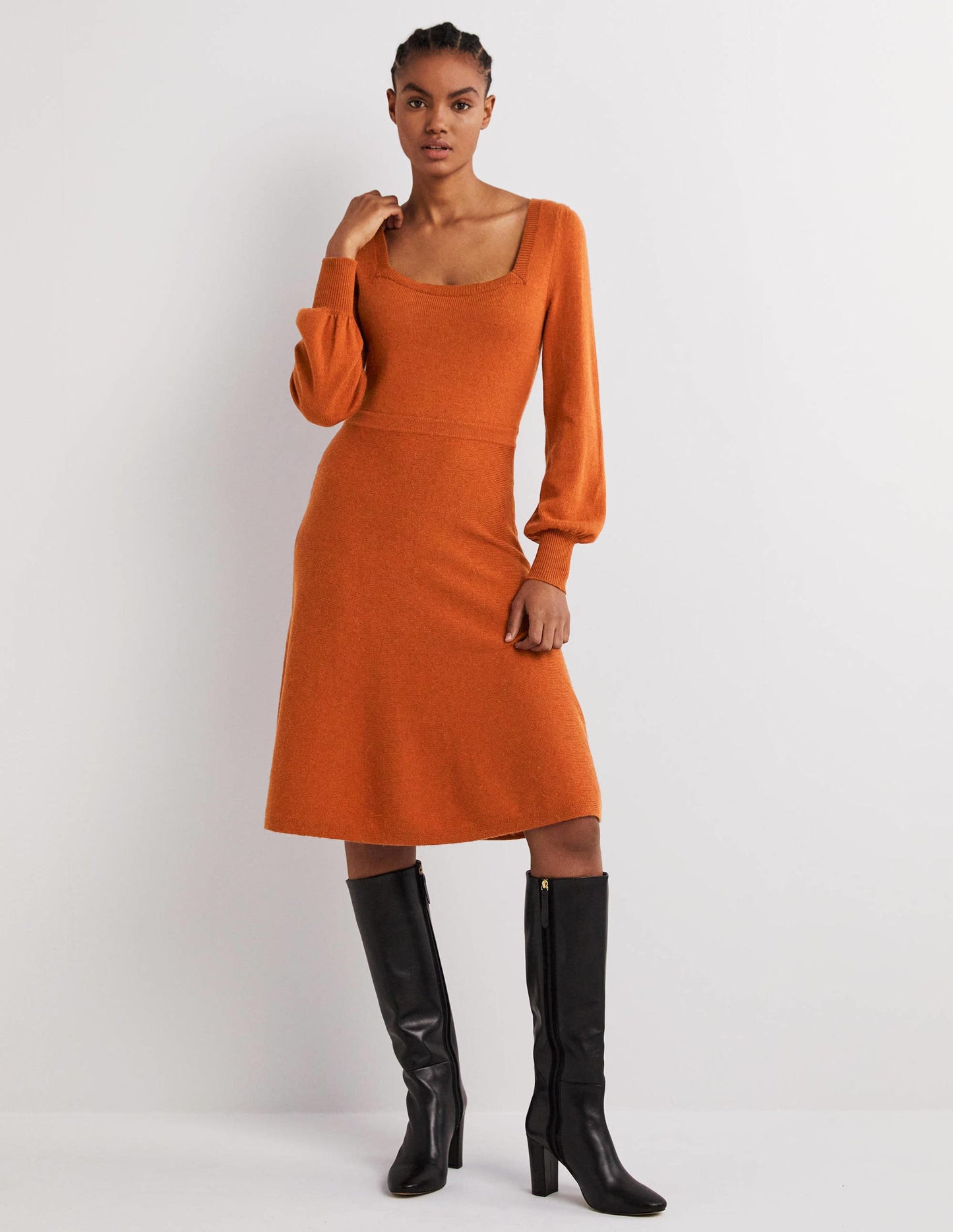 Strickkleid mit eckigem Ausschnitt-Kupferrot