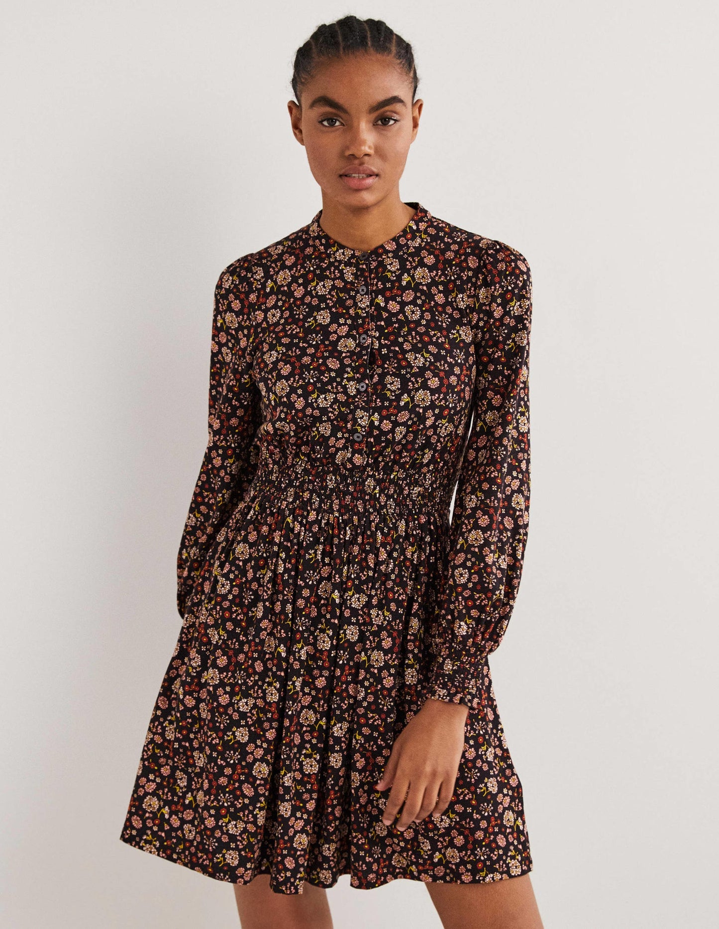 Jerseyhemdblusenkleid mit Smokdetail-Raketenrot, Kleines Blumenmuster