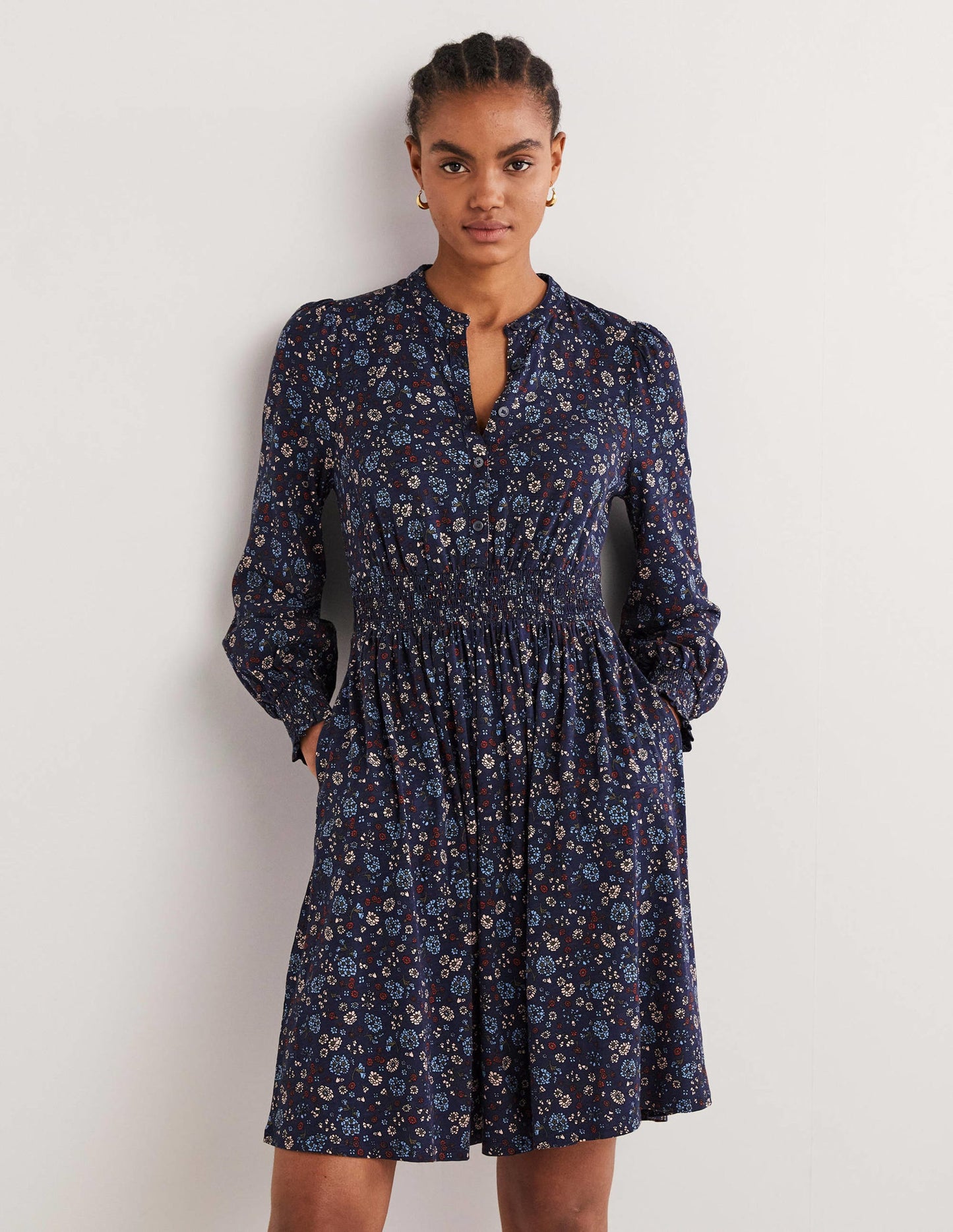 Jerseyhemdblusenkleid mit Smokdetail-Navy, Kleines Blumenmuster