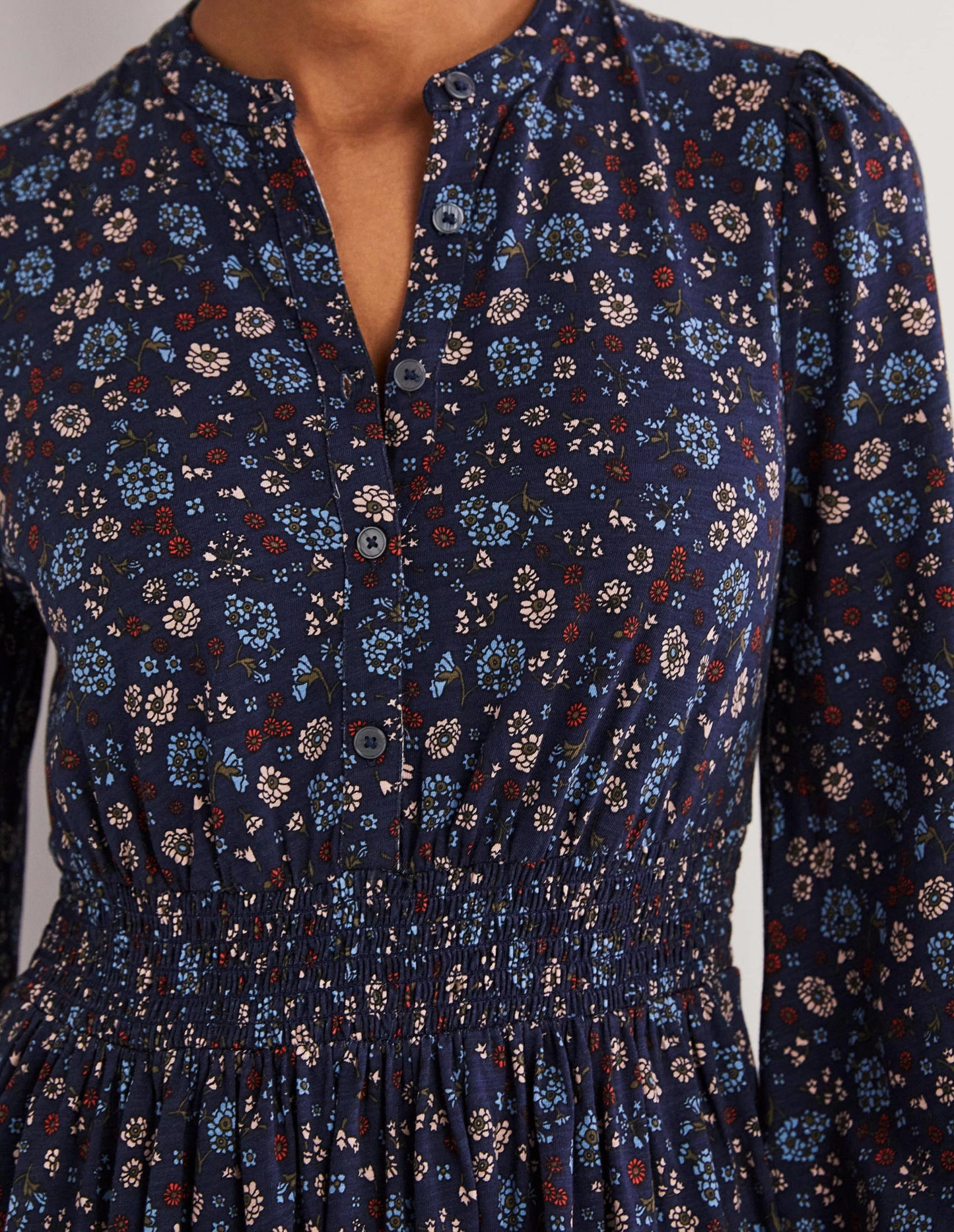 Jerseyhemdblusenkleid mit Smokdetail-Navy, Kleines Blumenmuster