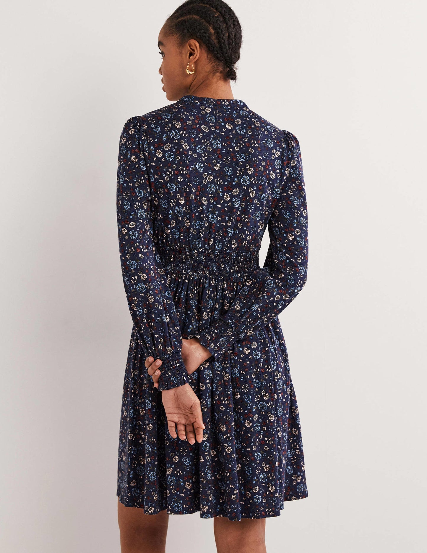 Jerseyhemdblusenkleid mit Smokdetail-Navy, Kleines Blumenmuster