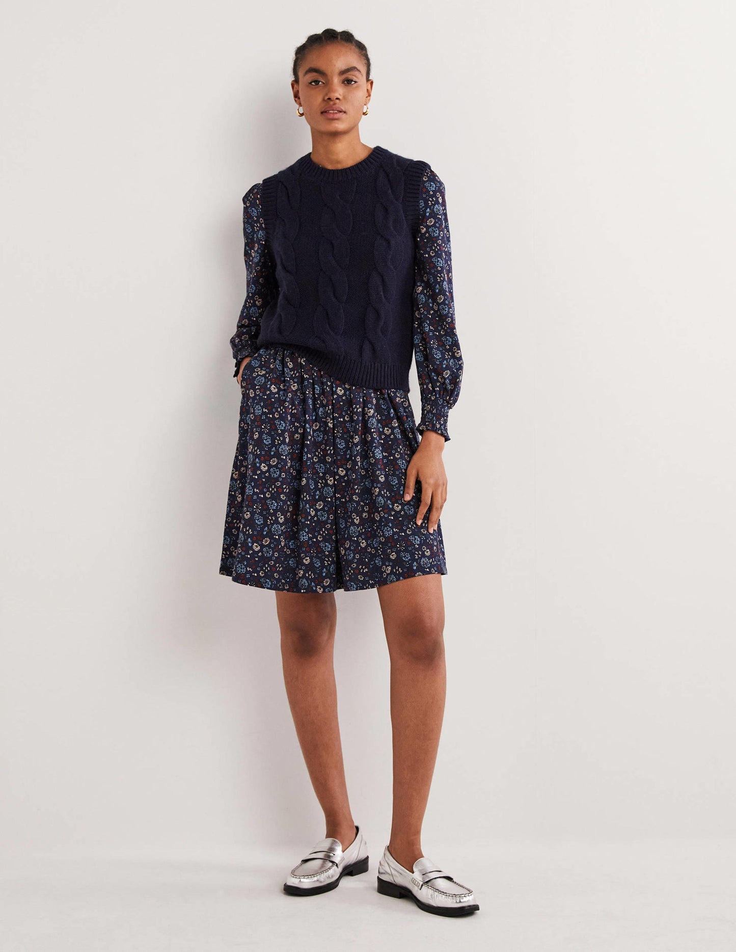 Jerseyhemdblusenkleid mit Smokdetail-Navy, Kleines Blumenmuster