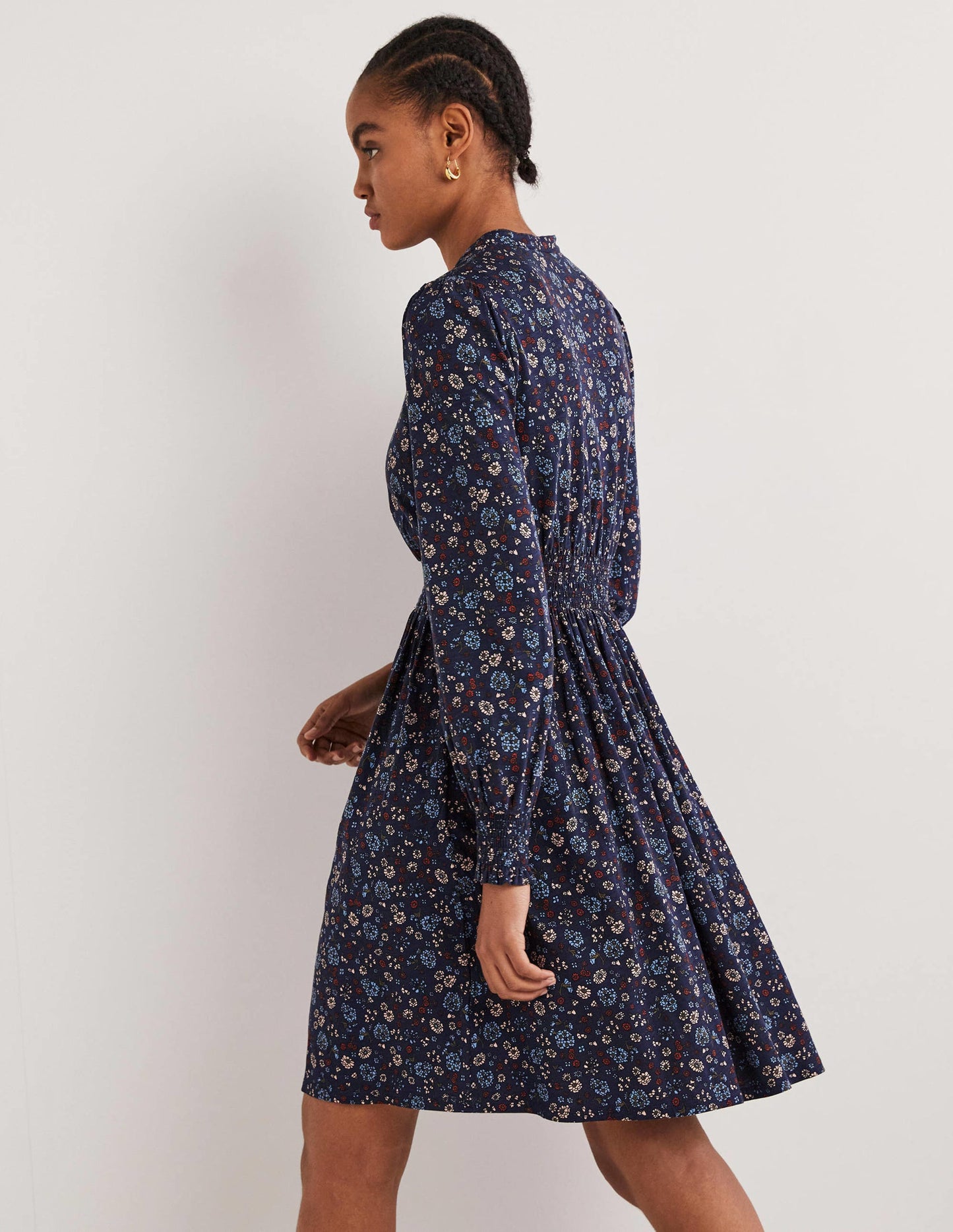 Jerseyhemdblusenkleid mit Smokdetail-Navy, Kleines Blumenmuster