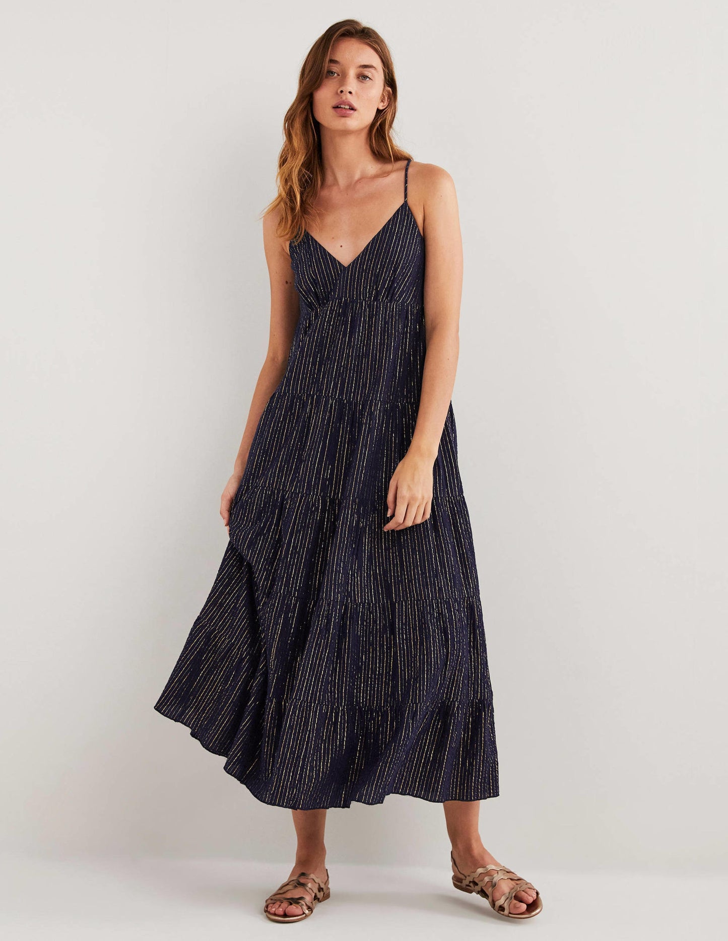 Maxikleid in Blockfarben-Navy, Lurex