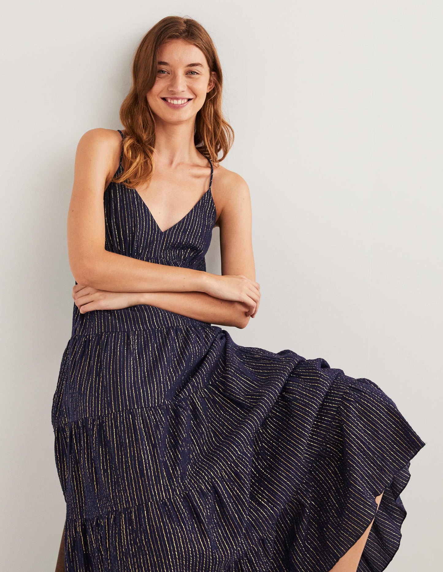 Maxikleid in Blockfarben-Navy, Lurex