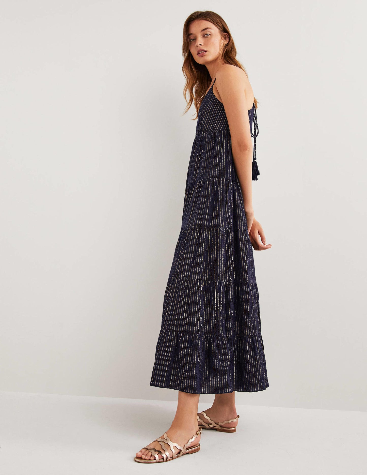Maxikleid in Blockfarben-Navy, Lurex