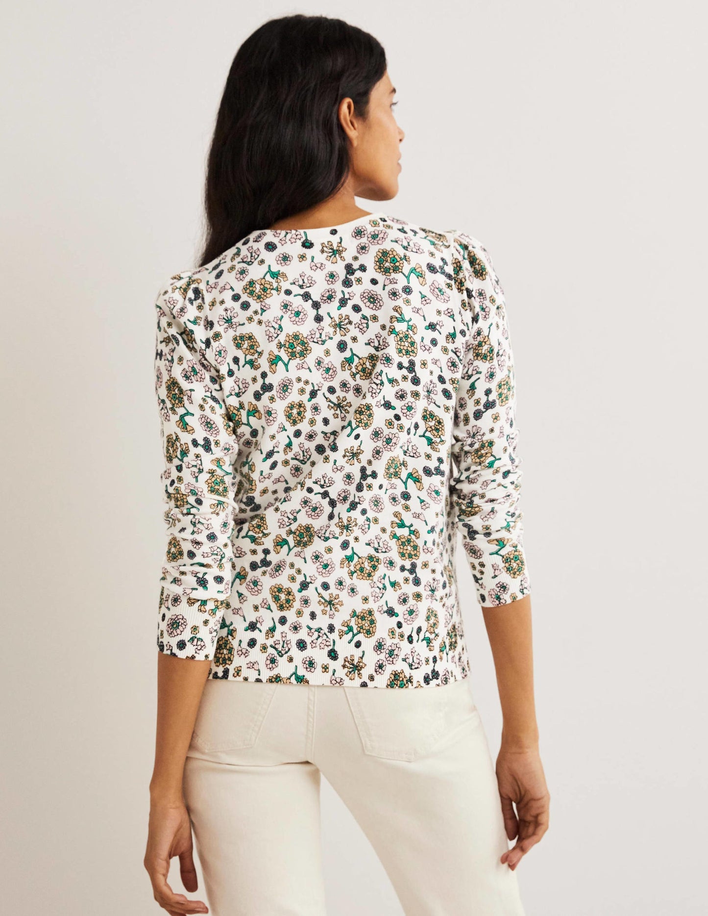 Cotton Crew Neck Cardigan-Ivory, Ditsy Charm